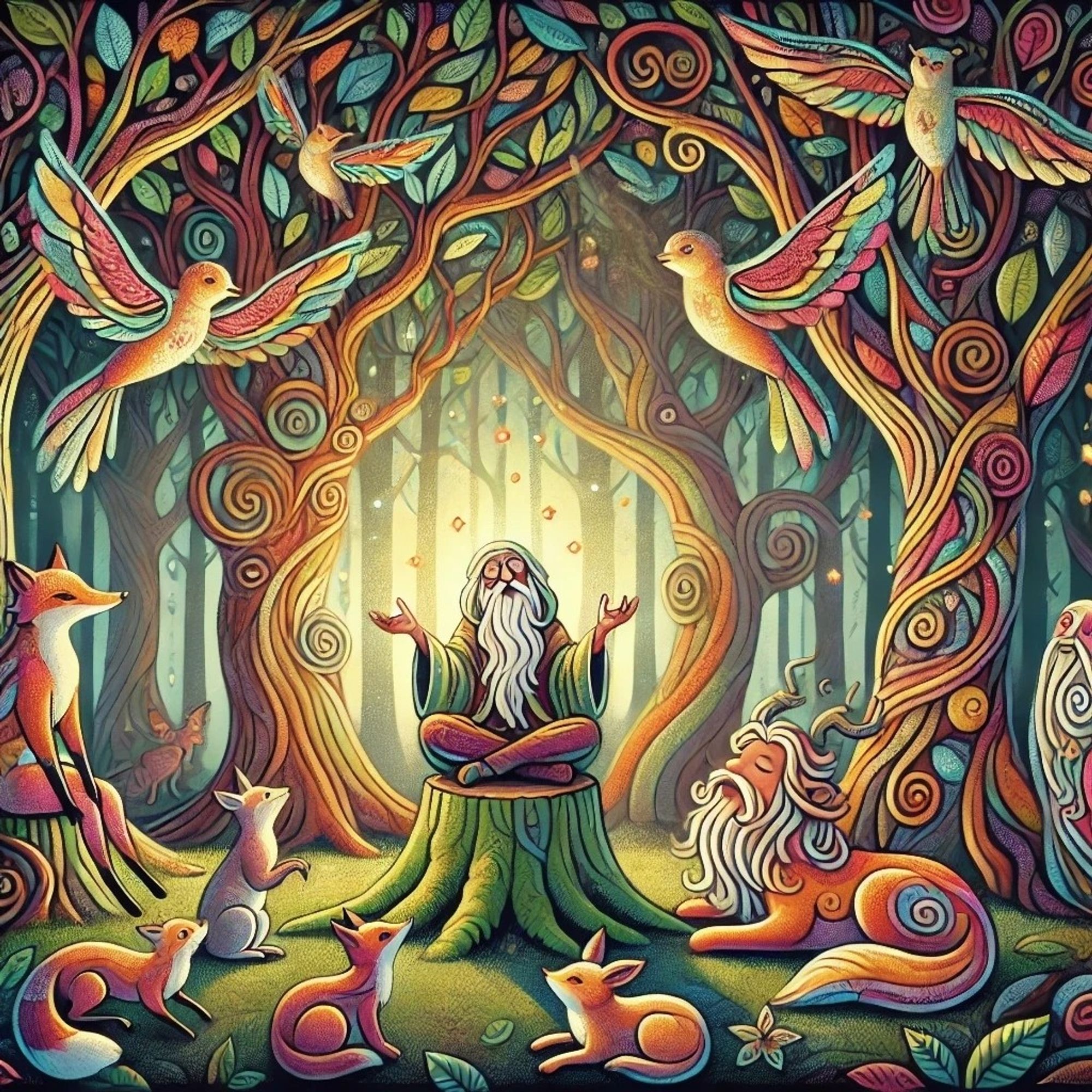 A colorful forest scene featuring an old wizard with a long white beard, cute forest animals, birds and twisted trees
Machine Learning Art AI Art