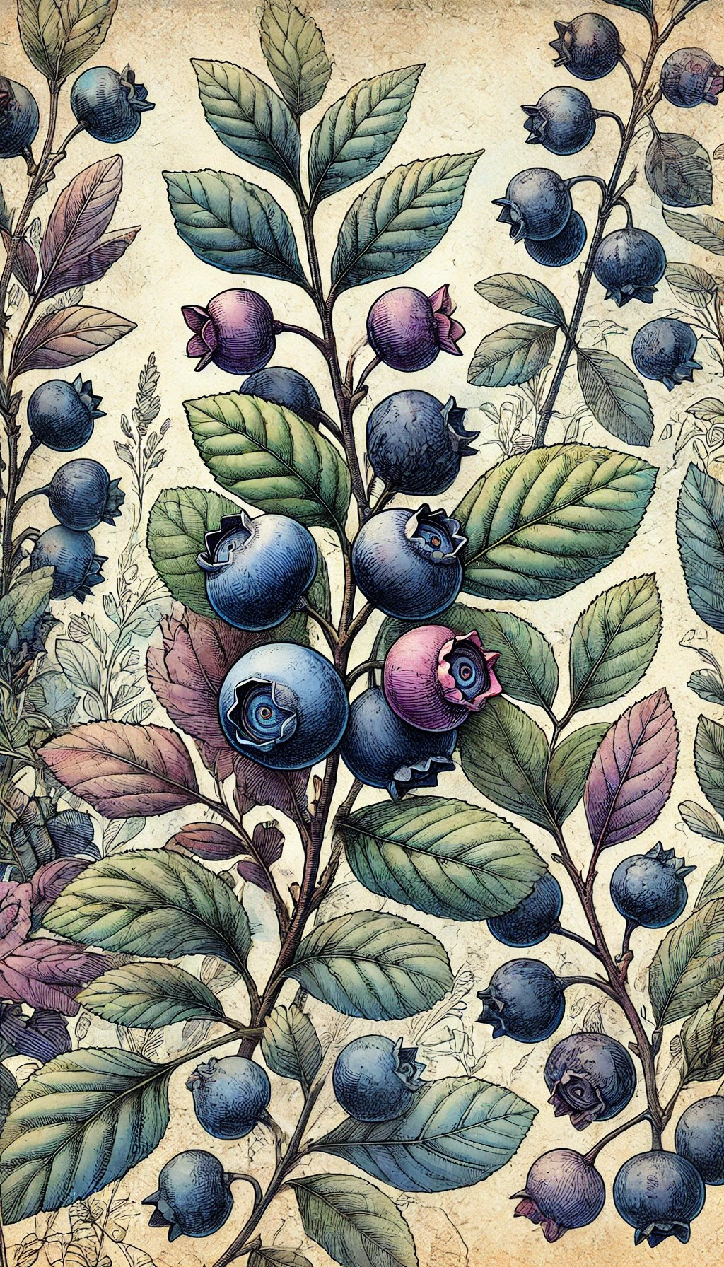 Botanical style drawing of blueberries 
Watercolor with ink drawing
Machine Learning Art AI Art 