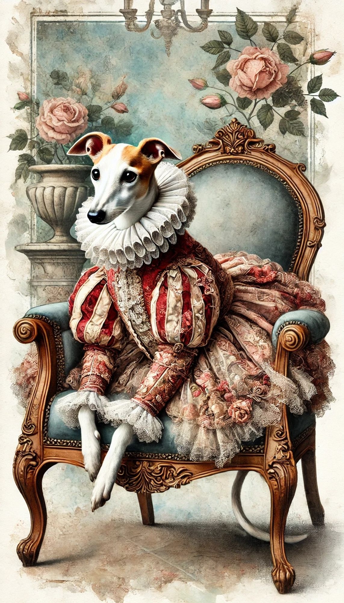 White and Red Whippet in Elizabethan clothing sitting on an elegant chair
Watercolor illustration 
Machine Learning Art AI Art