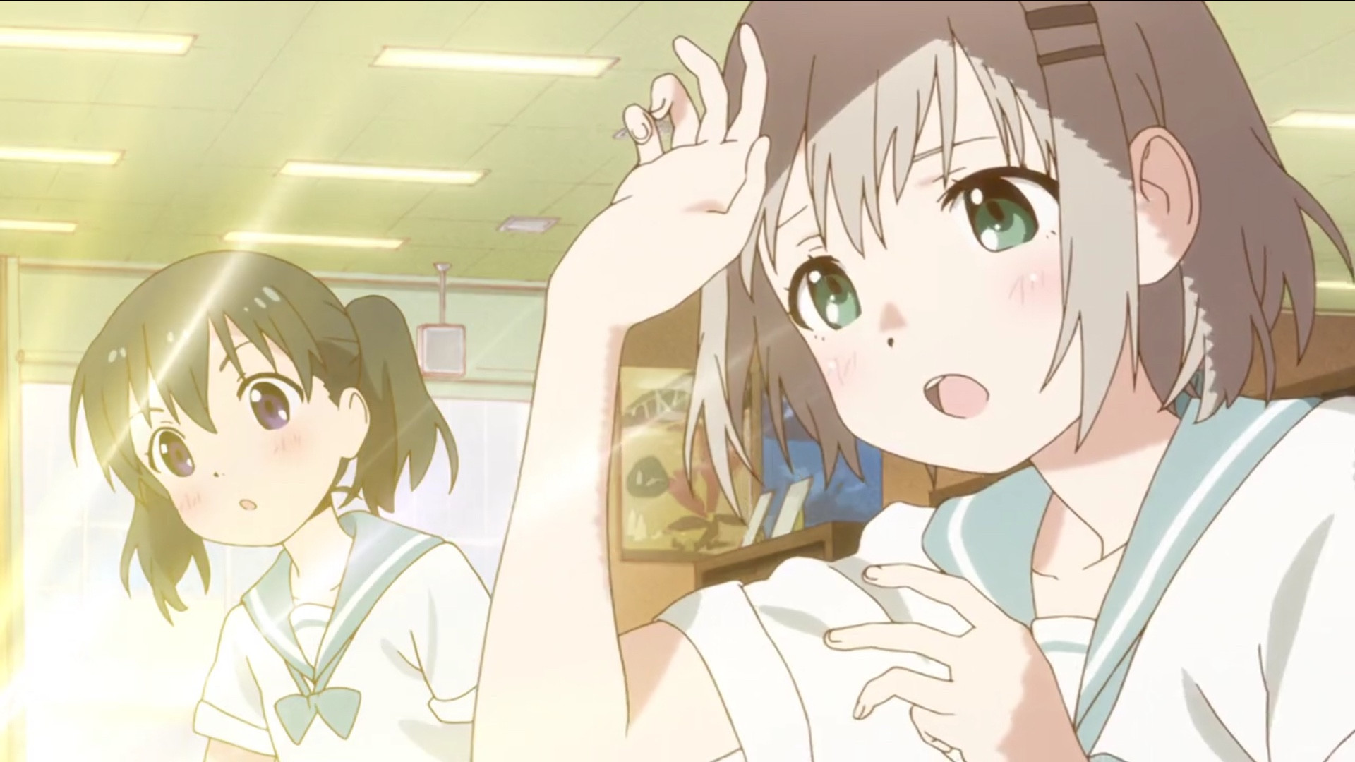 Hinata and Aoi looking at backpacks from the anime series Encouragement of Climb.