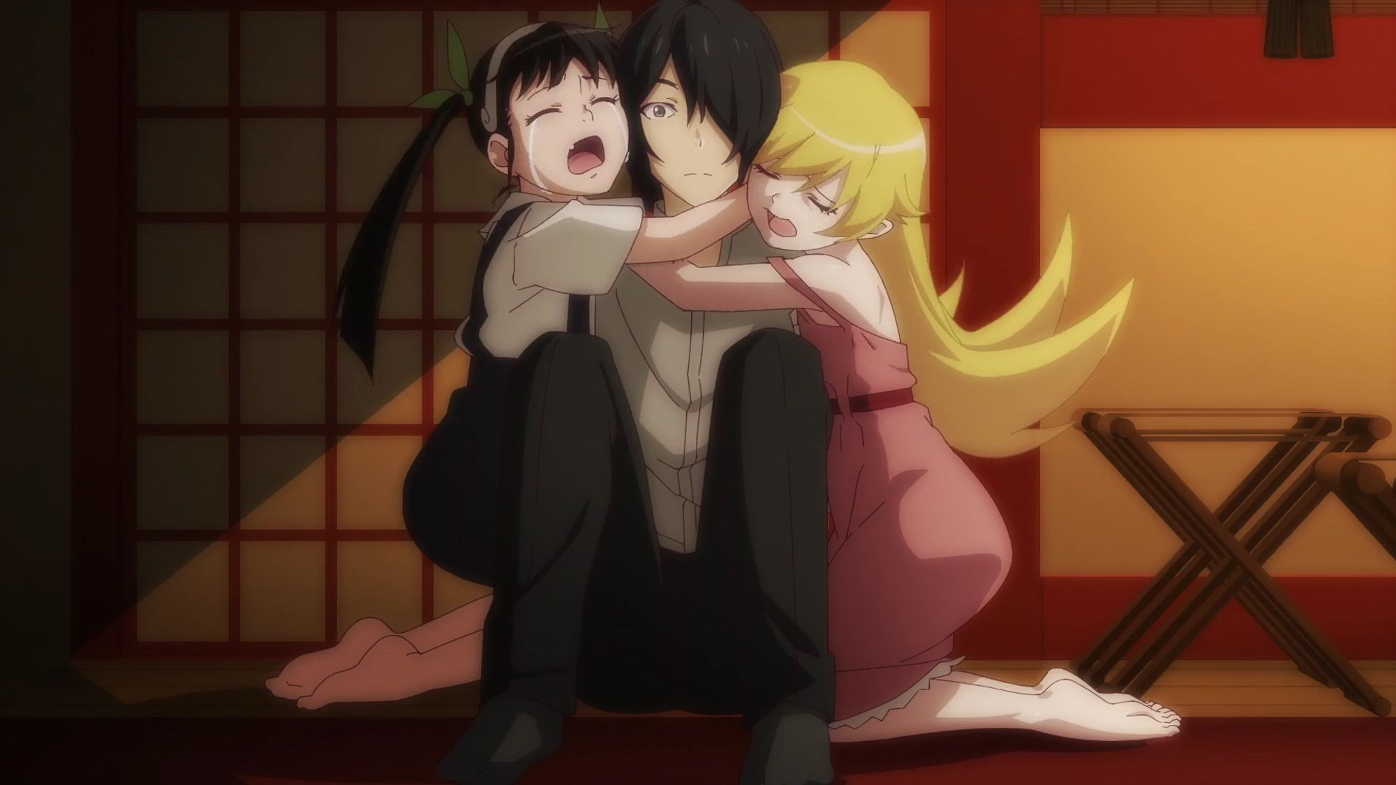 Mayoi and Shinobu hugging Koyomi from the anime series Monogatari Series: Off & Monster Season Episode 11.