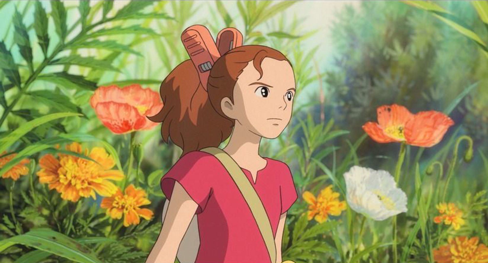 Arrietty outside in the garden from the anime movie The Secret World of Arrietty.