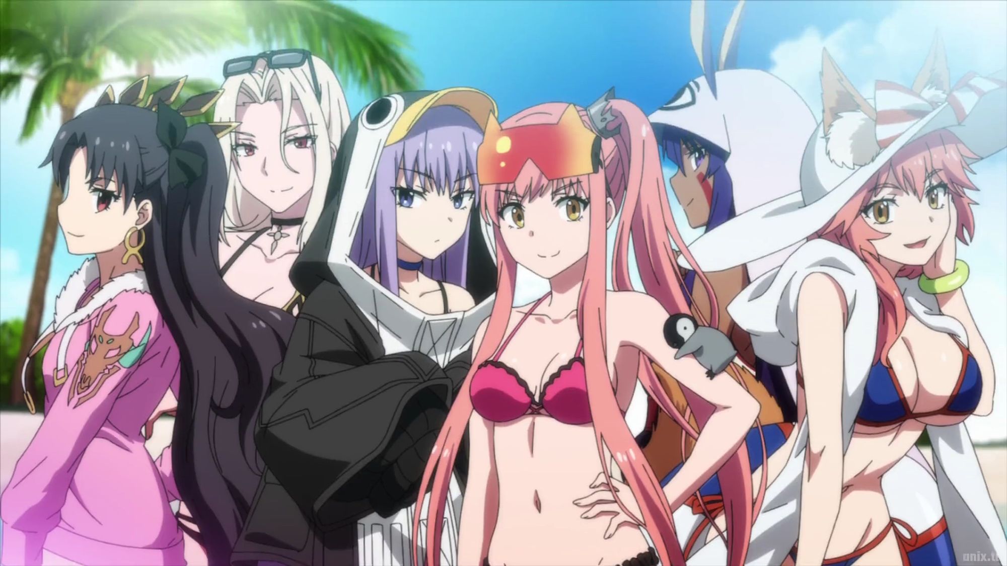 Ishtar, Carmilla, Meltryllis, Medb, Nitocris, and Tamamo (swimsuit versions) from the anime OVA Fate/Grand Carnival.