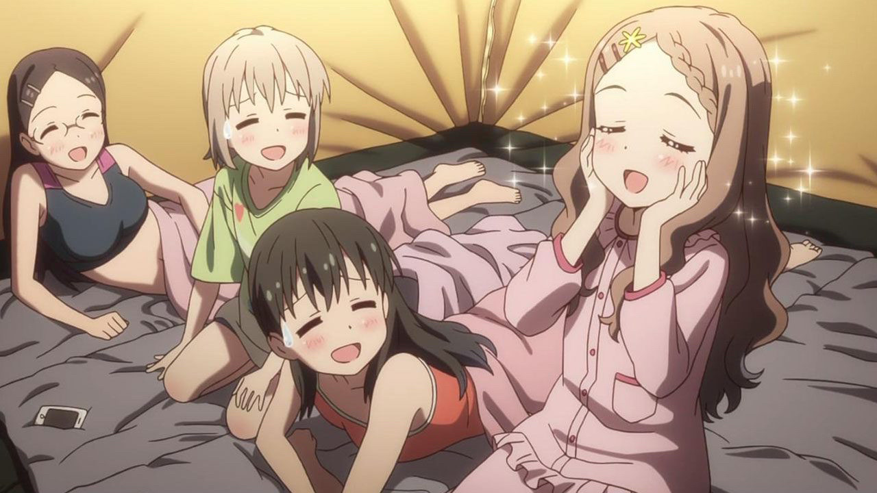 Kaede, Aoi, Hinata, and Kokona in a tent from the anime series Encouragement of Climb Season 2.