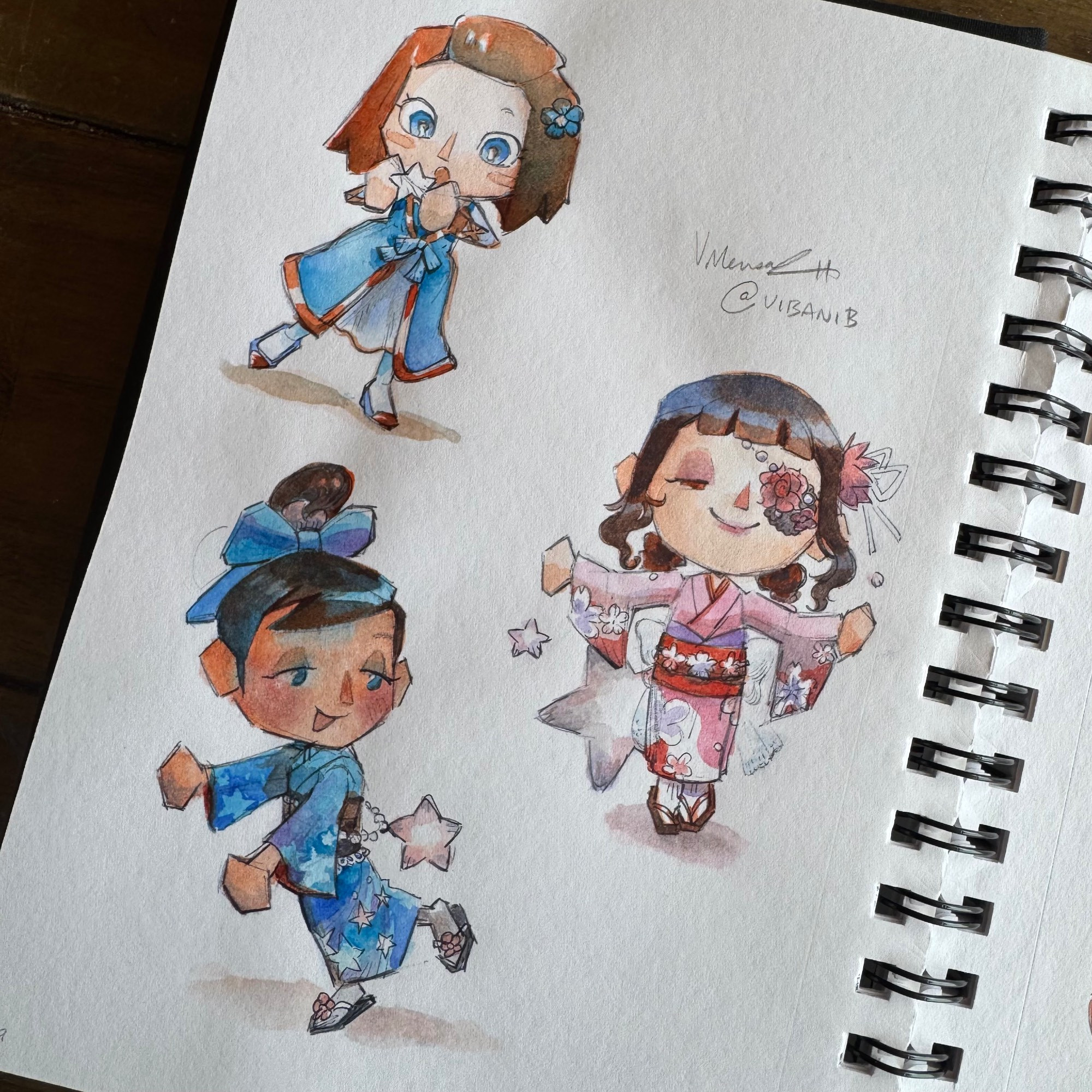 Villager belongs to, from top to bottom:
@ChuloAA / Chulo (Twitter)
@chaogardens / Fresa (Twitter)
@messmer/Rosa (Bsky)

—
Chulo’s sister’s villager unexpectedly catching a wishing star.

Fresa’s villager smiles mysteriously as she floats amongst the stars behind her.

And Rosa’s villager skipping forward as she happily looks over her shoulder.