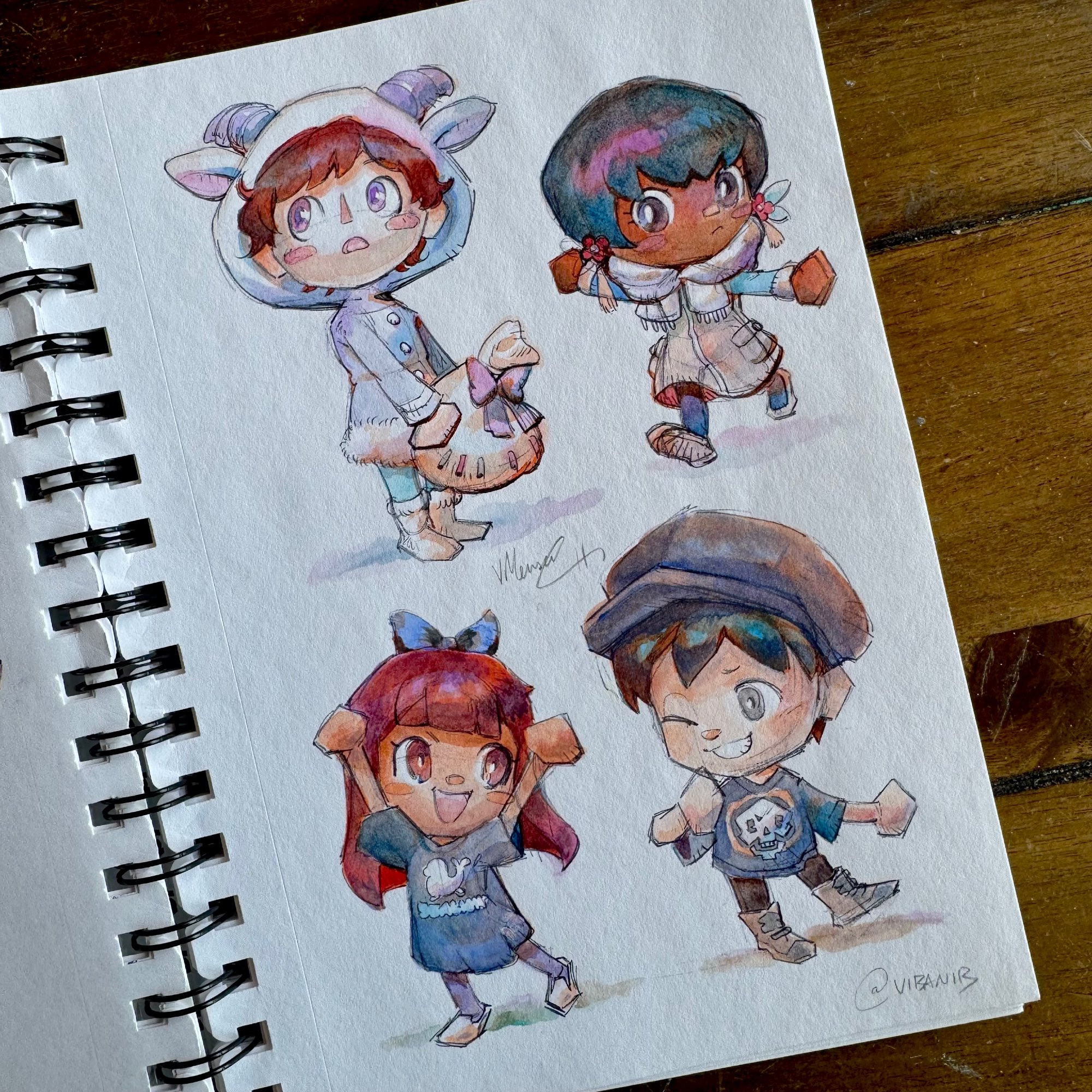 Characters belong to, from top to bottom:

@noatpad/ Noat (Bsky) top left.
Top right is my pocket camp villager.
The bottom two belong to @KuraiRam/ Erin’s and her partner (Bsky)

—
Noat carrying his winter pouch as he hears something in the distance and listens out for it.

My villager running with my arms spread out.

Nini and Kurai telling their stories and having a nice day. Nini has her arms raised to the sky as she chats while Kurai snickers at what she has to say.