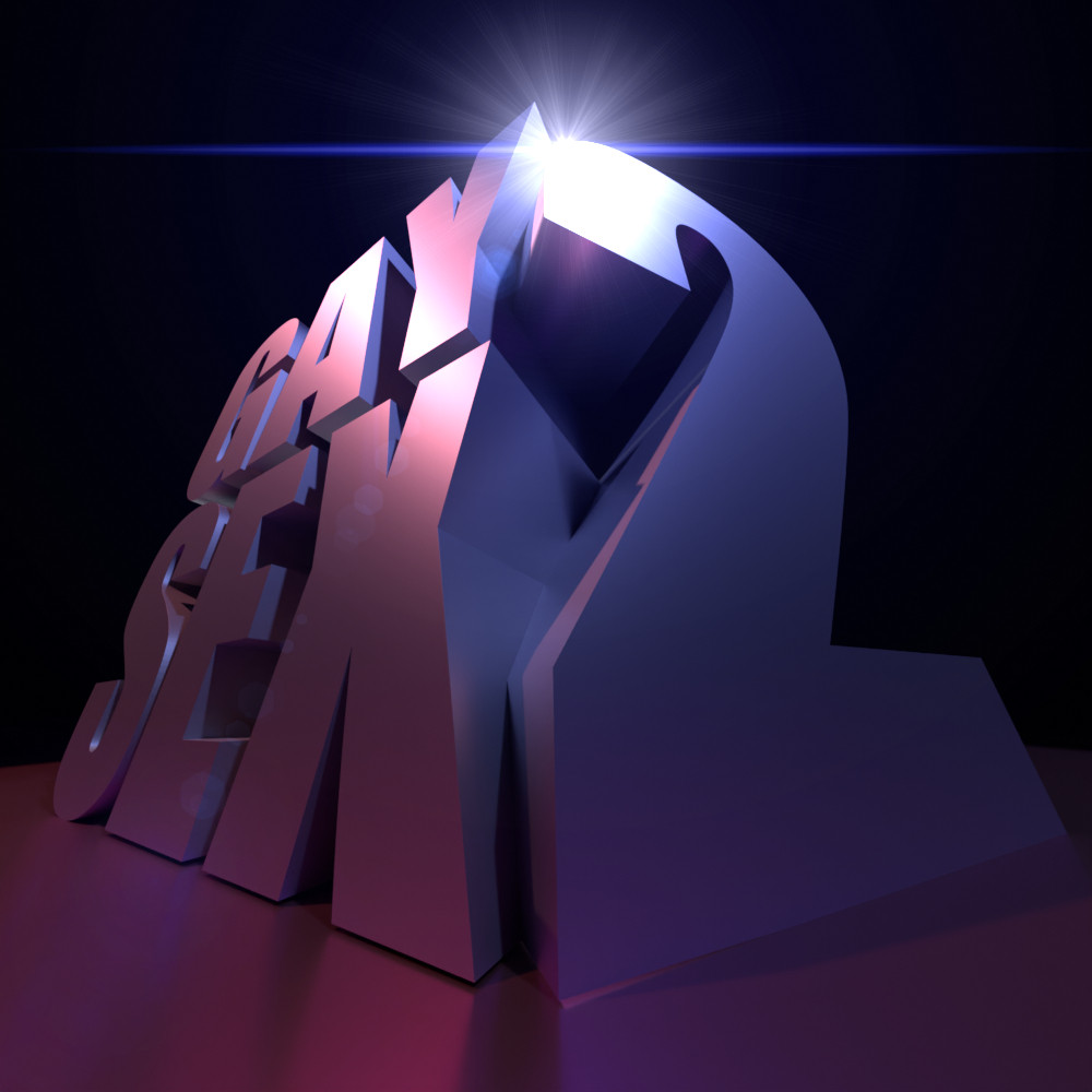 3D text that reads "gay sex 2" with exaggerated perspective and a lens flare.