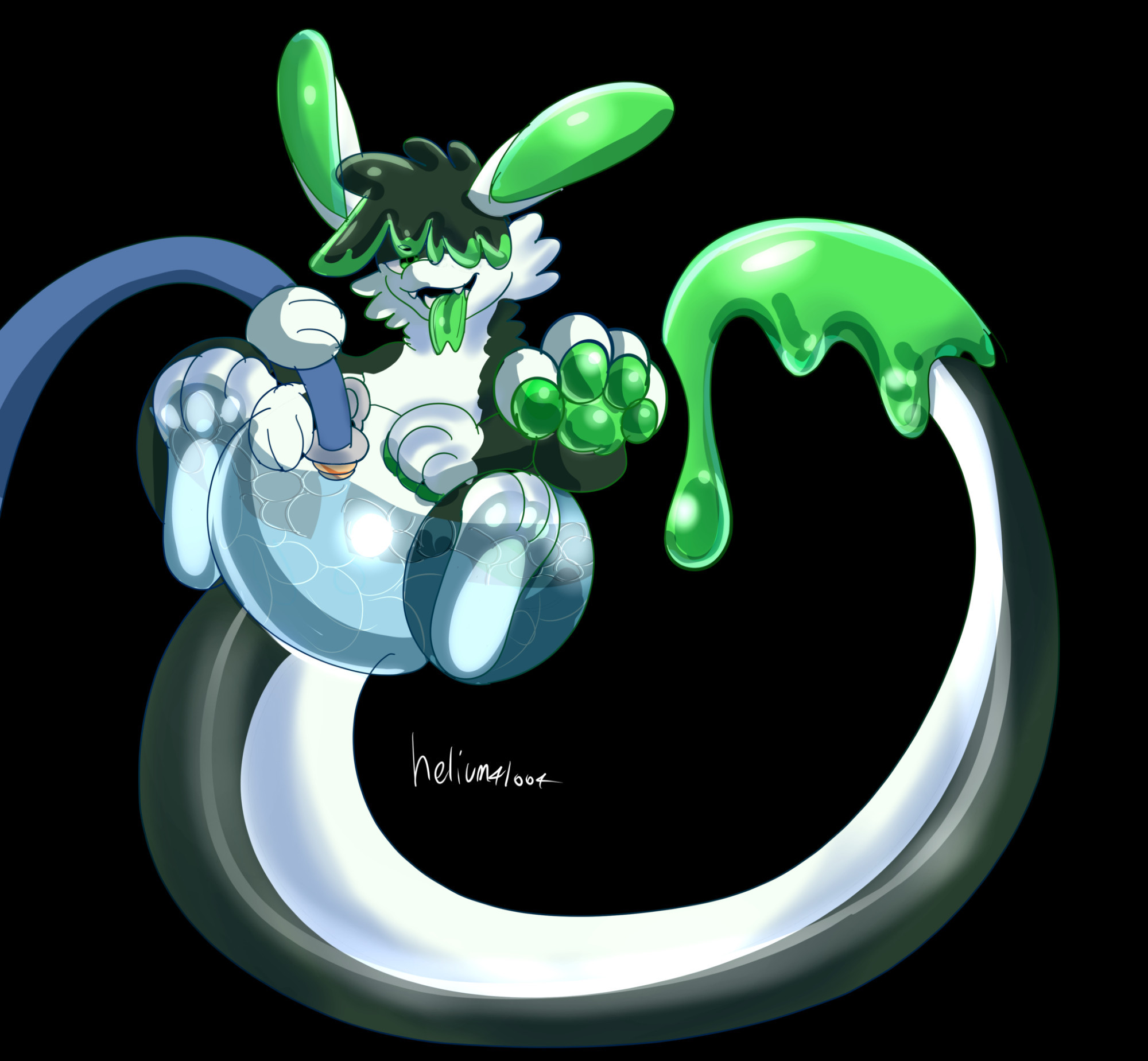 A shiny, rubbery amphimorpho holds a hose against a valve on its rounded belly, a thick blue-ish liquid visibly pooling inside of them. They look off to the side, tongue stuck out enticingly.