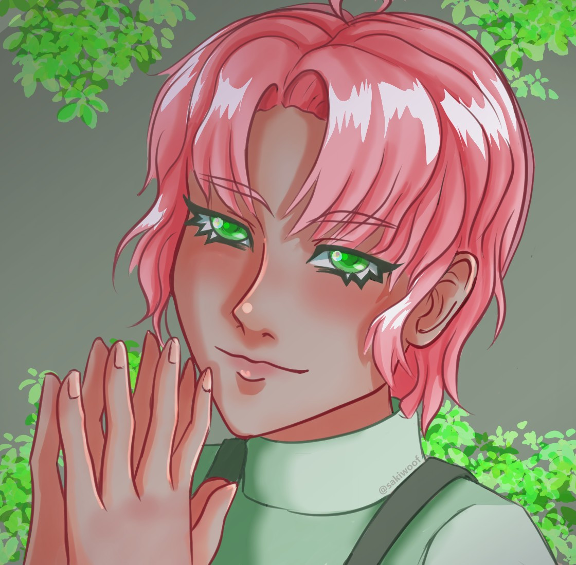 Androgynous pink haired person smiling pleasantly with hands clasped together. 