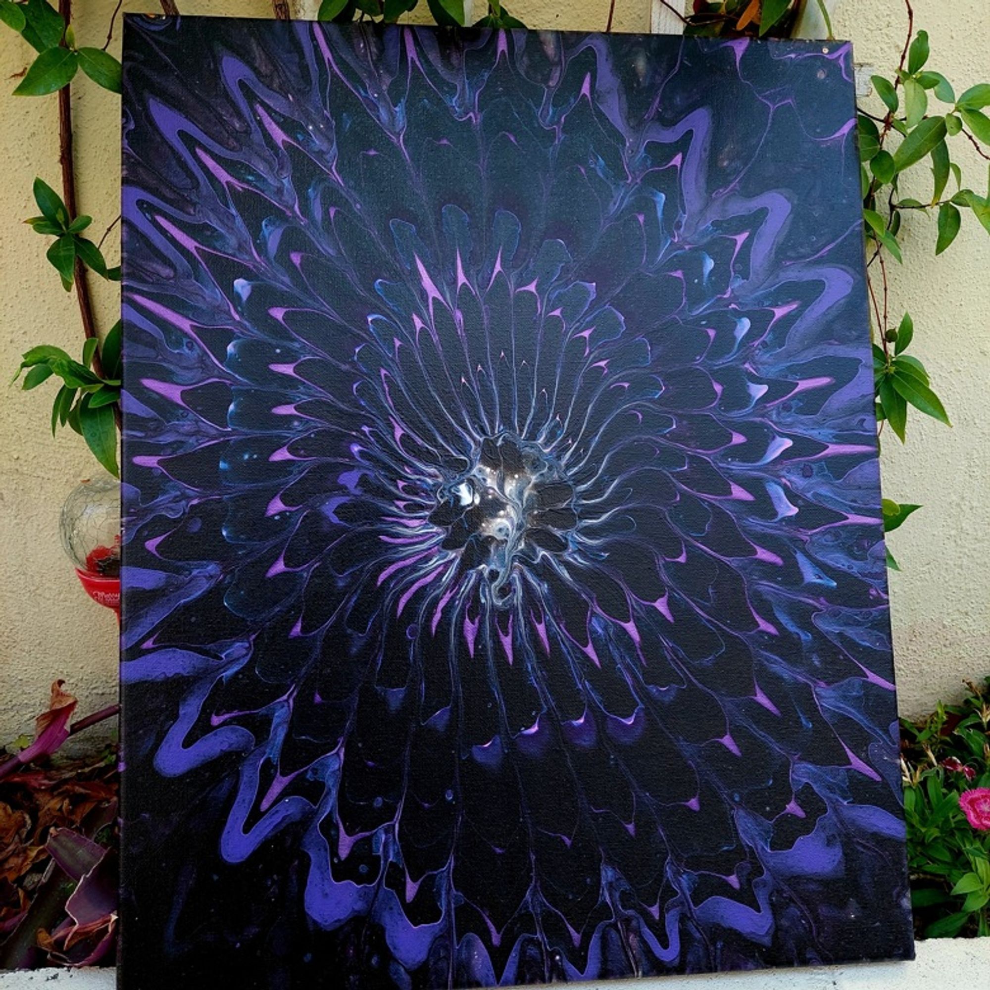 16in x 20in Acrylic Canvas. "In Darkness I Thrive" is an abstract floral painting in black, with subtle hints of purple, pink, and white, embodying resilience and hidden beauty.