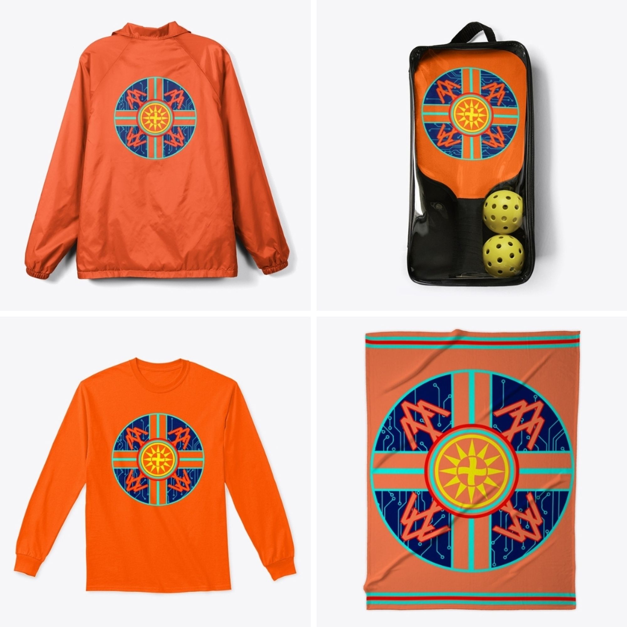 4 new products from Johnnie Jae's latest drop, featuring a Coach's Jacket, Pickleball Paddle set, long sleeve tee and fleece blanket all in orange and featuring a shield using Choctaw imagery to convey strength and pride in one's culture and self. Available at www.johnniejae.store