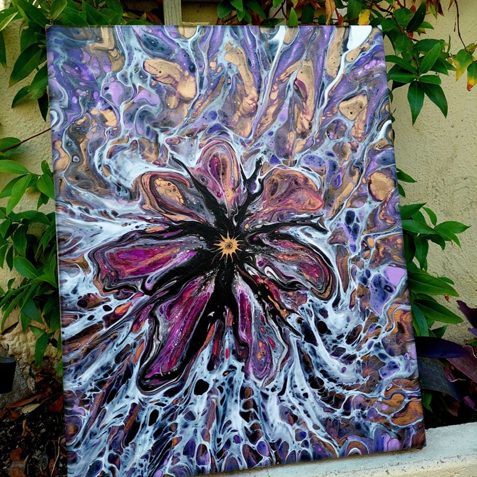 11in x 14in Acrylic Canvas. "Like Fairy Dust and Ballyhoo" is an abstract floral painting featuring white webbing and delicate hints of purple and gold, creating a whimsical and strange atmosphere.