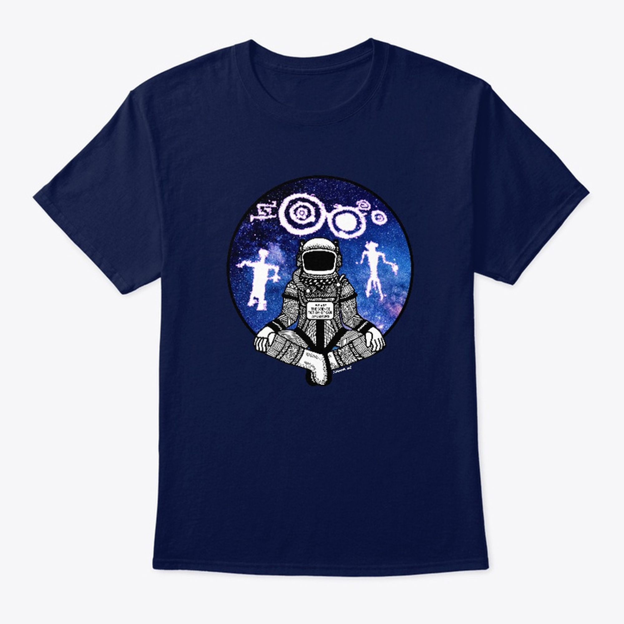 A dark navy blue tee featuring a circle filled with a galaxy sky and Native American Rock drawings with an Astronaut sitting cross-legged at the bottom of the circle.