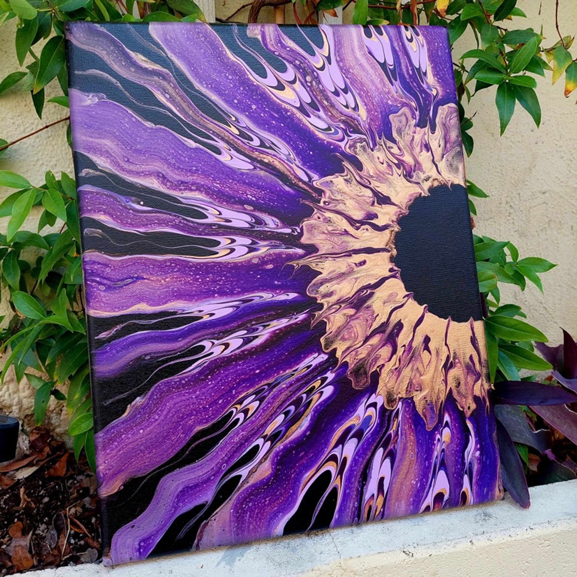 11in x 14 in Acrylic Canvas. "On Purpose" is an abstract sunflower painting, blending various hues of purple and gold to evoke a sense of intention and vibrant beauty.