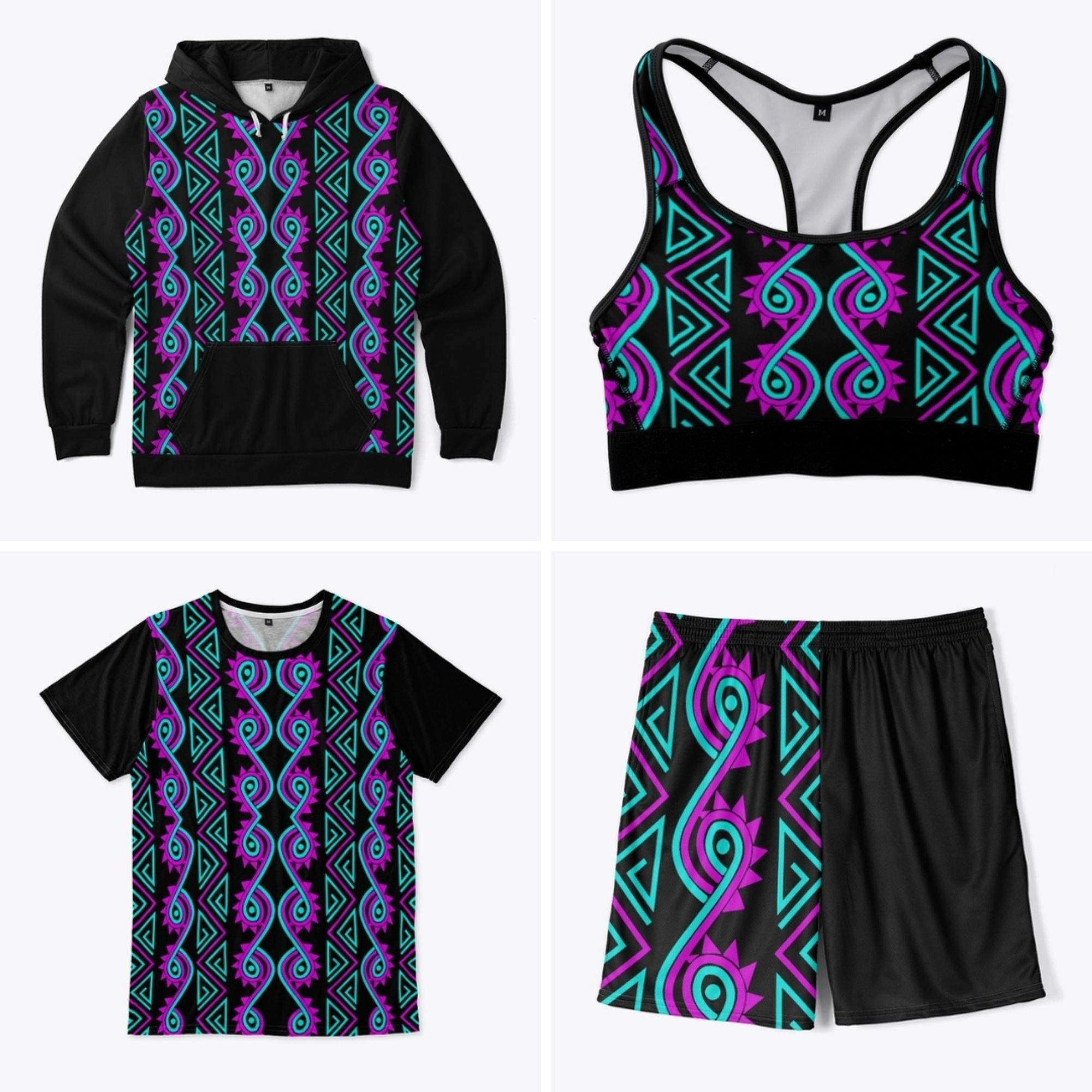 4 products from Johnnie Jae's latest drop featuring a graphic hoodie, sports bra, tee and shorts featuring a Choctaw serpentine design in neon purple and blue on black. Available at www.johnniejae.store