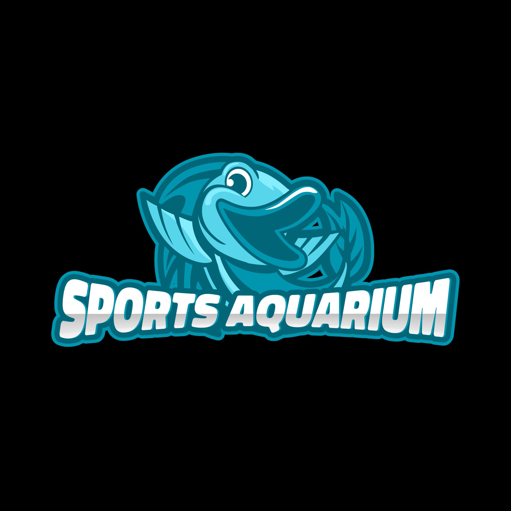 Teal fish logo. Sports Aquarium in white trimmed in teal. Black background.