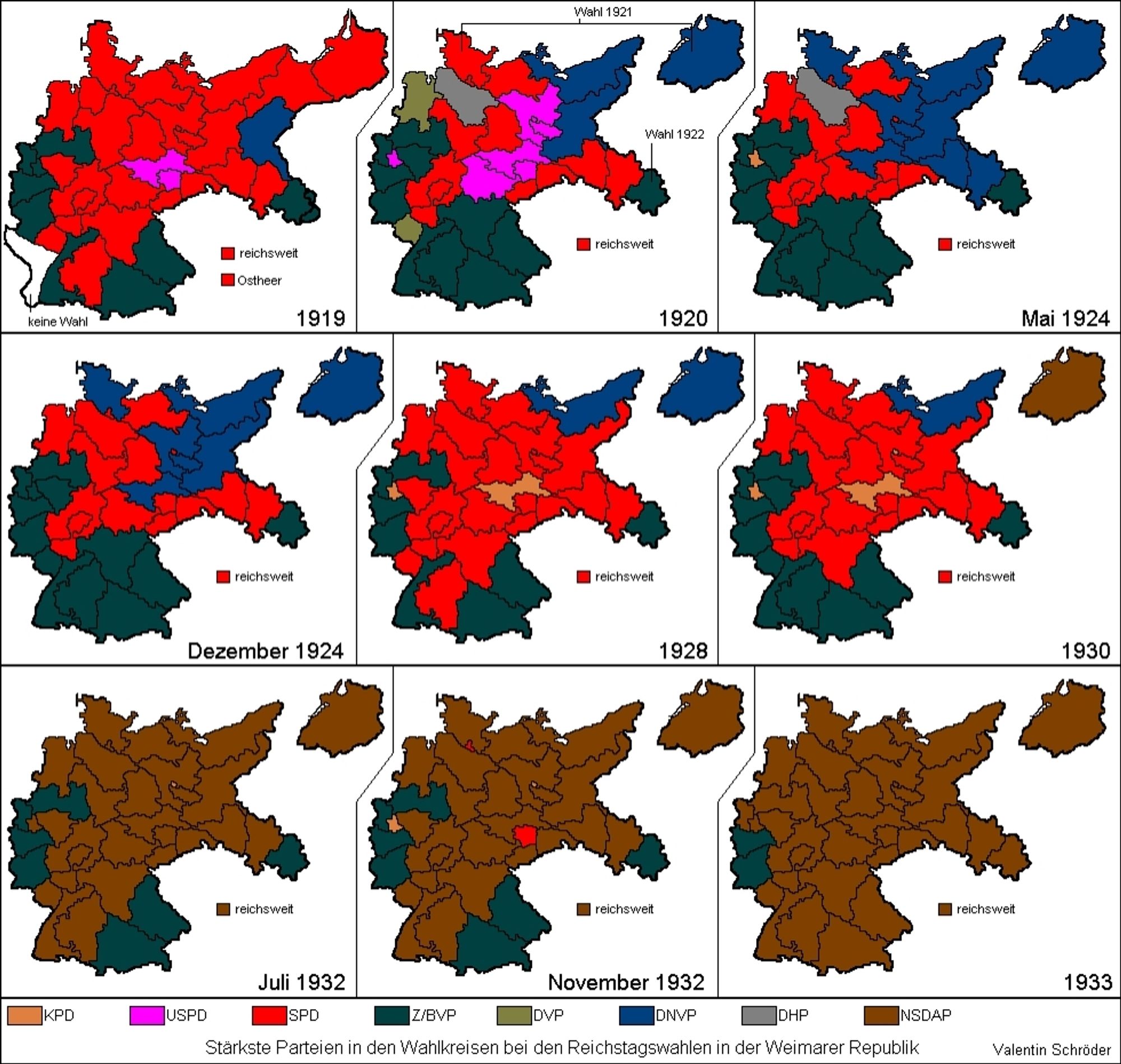Eine Übersicht der Reichstagswahlen von 1919 bis 1933. 1930 noch kaum Braun auf der Karte, ab 1932 fast alles.