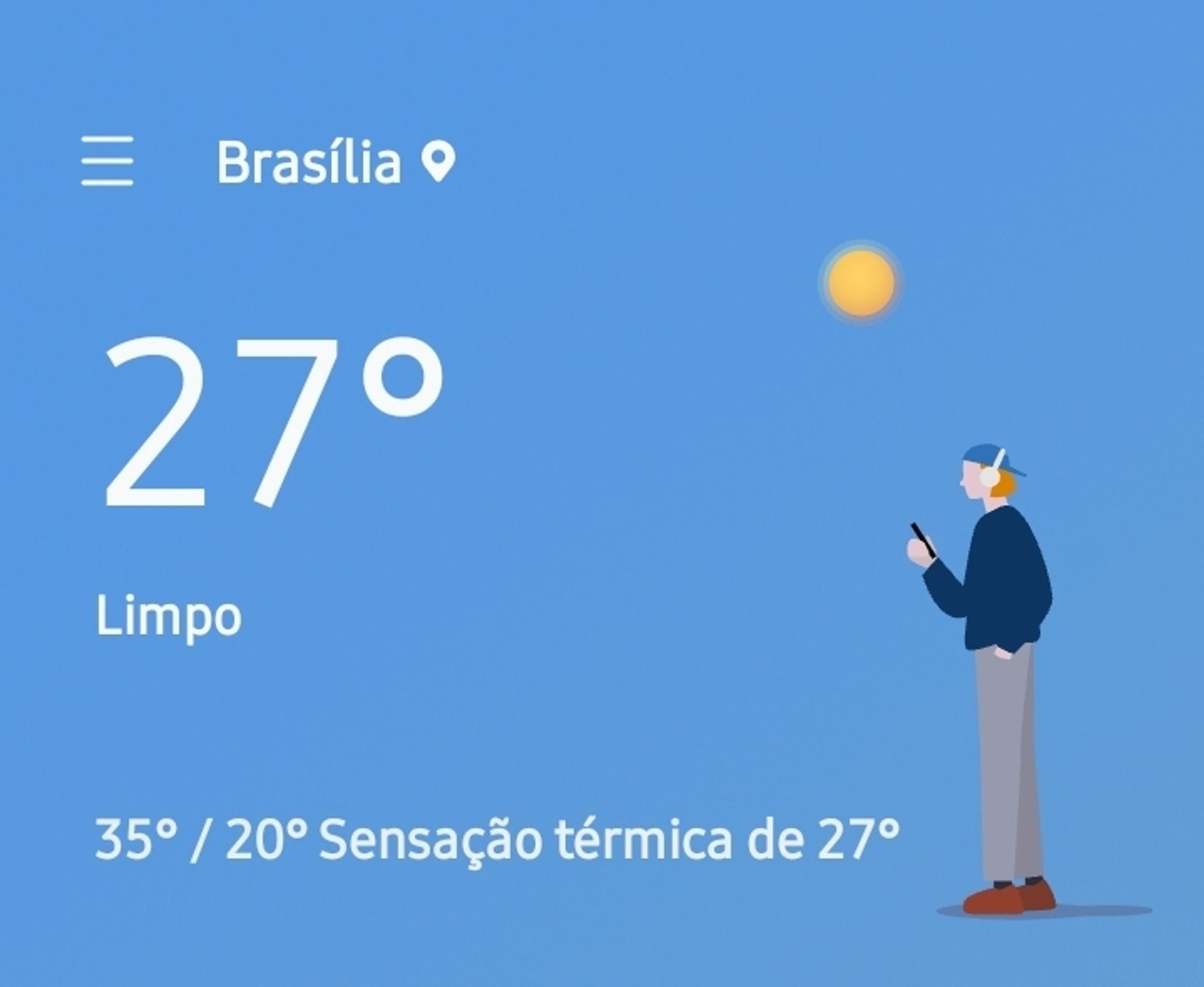 Imagem do widget com previsão do tempo do telefone samsung, exibindo o texto Brasília, 27 graus celsius, céu limpo.