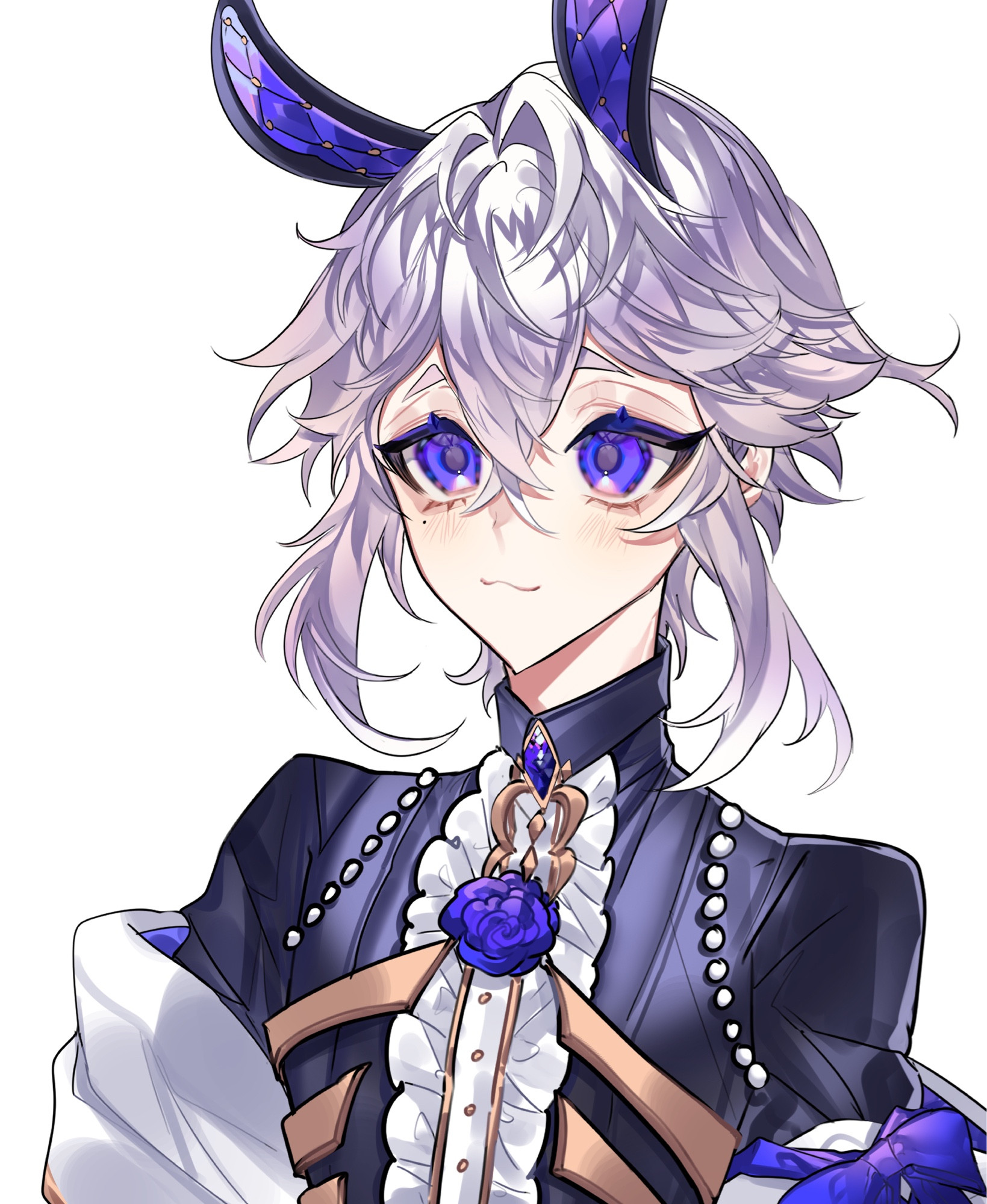 Image of Revel - A white haired rabbit boy with purple eyes and Alice in wonderland like attire. His color palette is blue and indigo with white and gold accents.