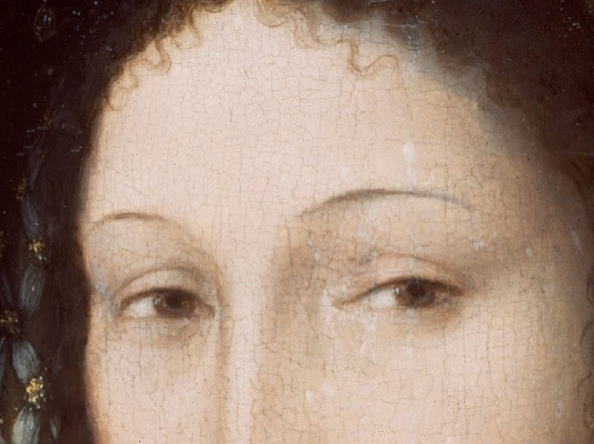 Detail from a 16th century oil painting showing the eyes of queen consort Marguerite de Navarre.