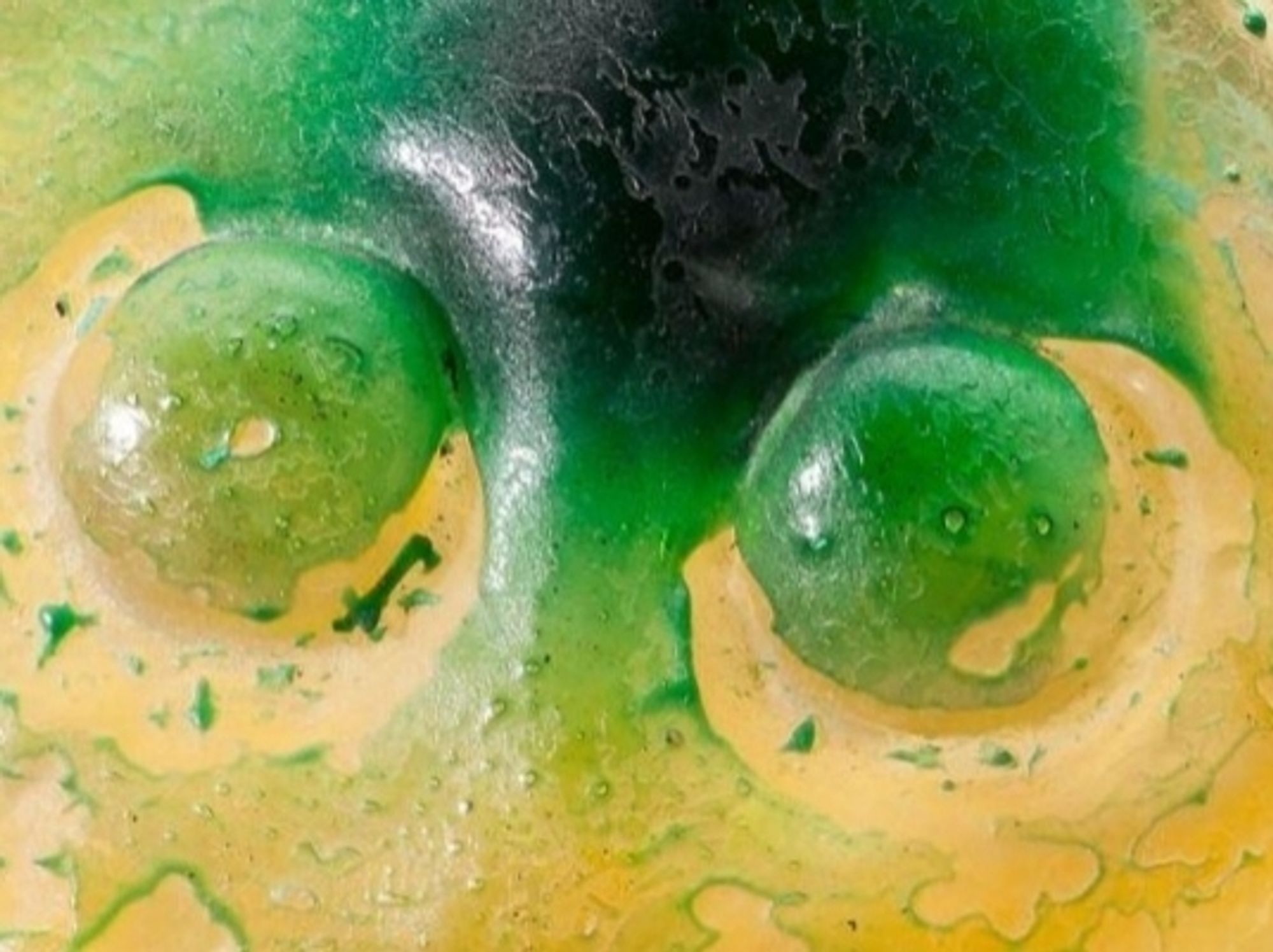 The round, bulging eyes of a 1966 glass sculpture entitled "Elfo 3". 
All 300 copies of this piece were tinted in yellow and green, with each one exhibiting a unique color pattern.