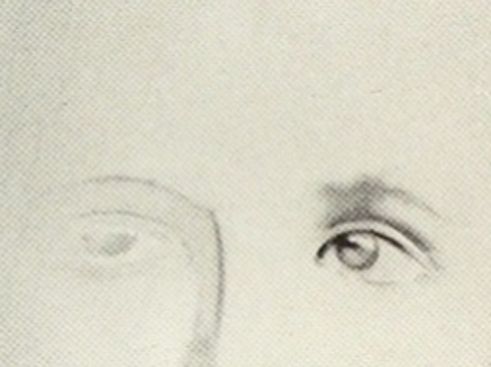 Detail from a drawing entitled "Imaginary Portrait of Lautréamont at the Age of Nineteen Obtained According to the Paranoiac-Critical Method". One eye is fully drawn, the other barely sketched, giving the impression that the figure has not yet fully emerged from the depths of the paper.