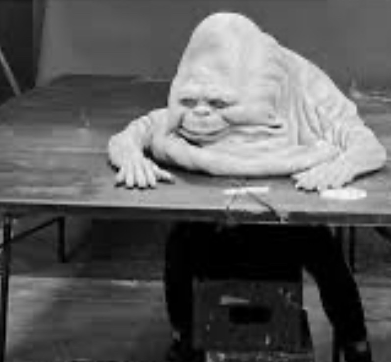 A lump of a creature sitting at a small wooden desk contemplating the necessities to life 