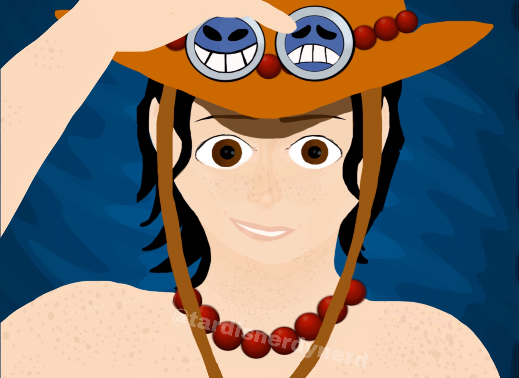 Fan art of the character Portgas D Ace from One Piece in which he is smiling and holding onto his hat and has a wavy blue background behind him