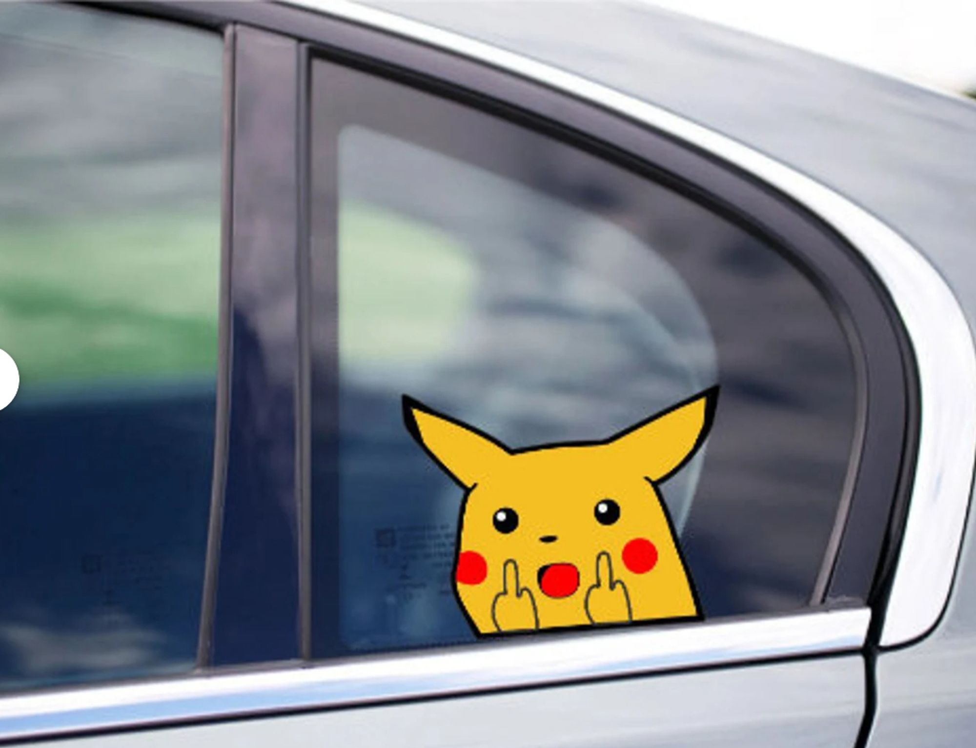 Sticker on a car window showing Pikachu peeking up over the door and flipping the viewer off with both hands