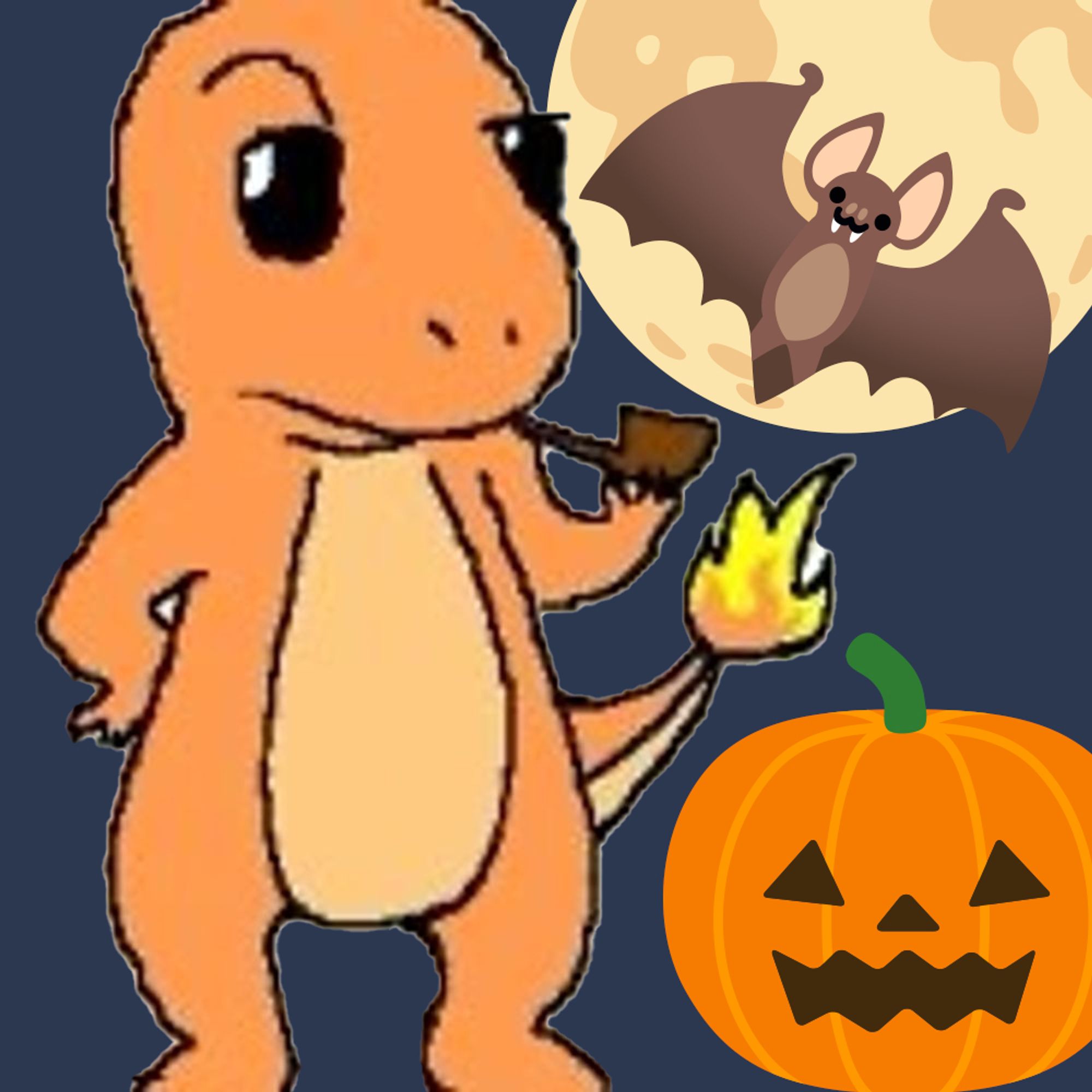 A cartoon drawing of Charmander smoking a wooden pipe against a flat dark background. Behind him are 3 emojis: 🌕🦇🎃 as rendered in Noto Color Emoji SVG Regular