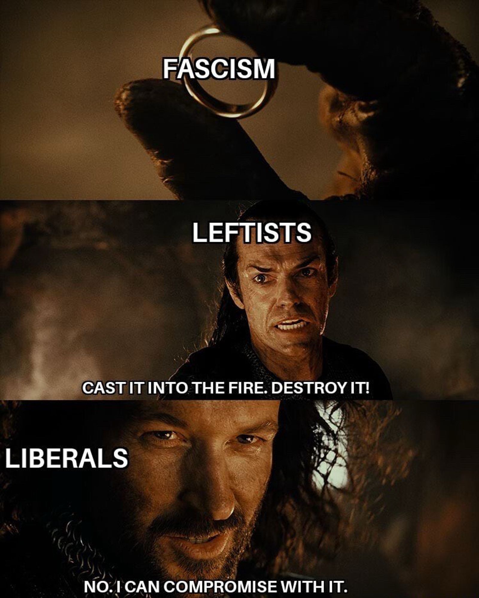 FASCISM
LEFTISTS
CAST IT INTO THE FIRE. DESTROY IT!
LIBERALS
NO. I CAN COMPROMISE WITH IT.