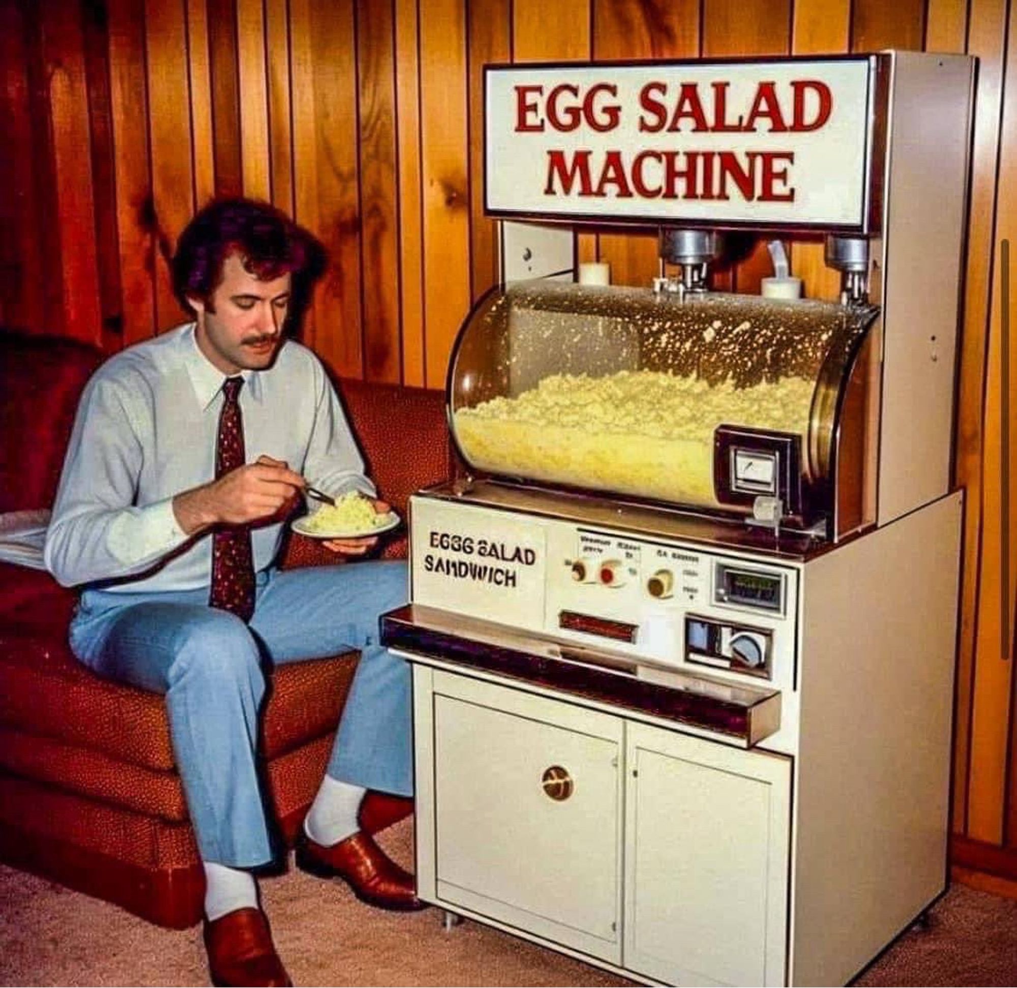 A man sitting on a couch eating egg salad in front of a large machine labeled “Egg Salad Machine.” The machine dispenses egg salad and has a sign that also reads “Egg Salad Sandwich.” The setting has wood-paneled walls, giving it a vintage look.