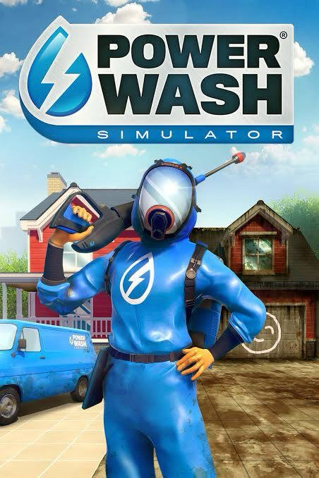 Boxart for Powerwash Simulator showing a person wearing a blue rubber suit holding a powerwash gun on their right shoulder.