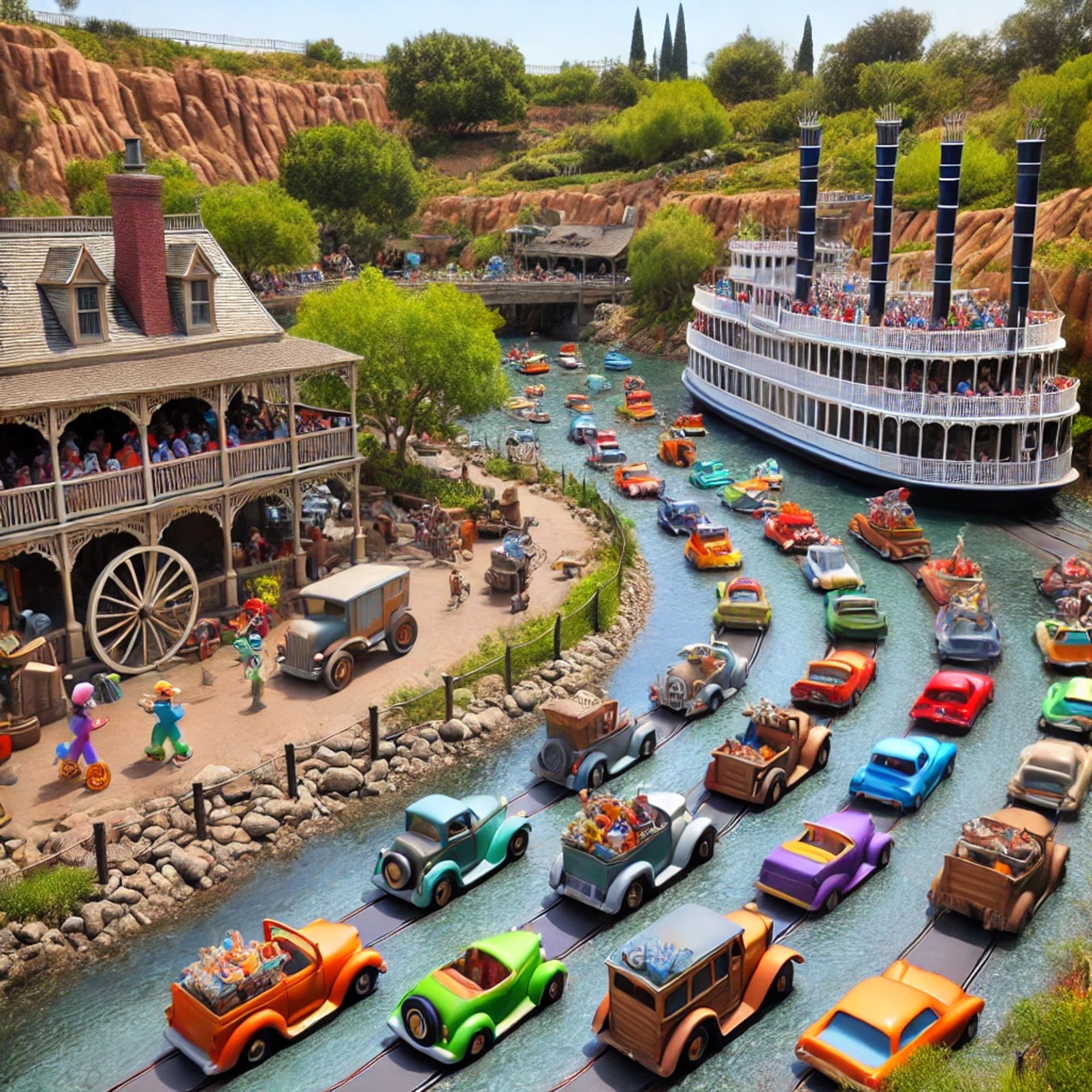 AI generated image of cartoon cars driving through the Rivers of America