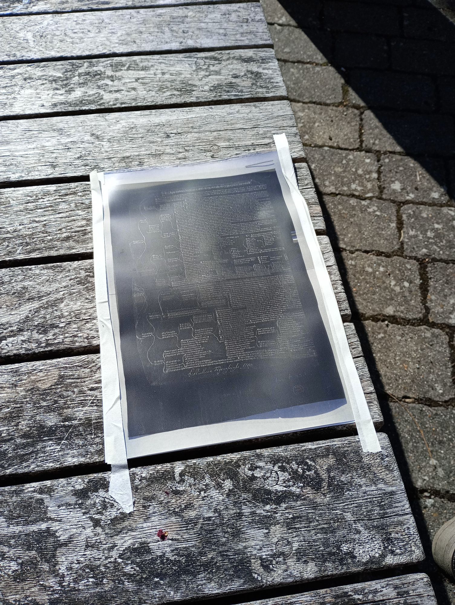 Cyanotype in progress: a sheet of dark blue paper under an acetate print of closely page of written 
manuscript, taped to a bench in a patch of sunlight