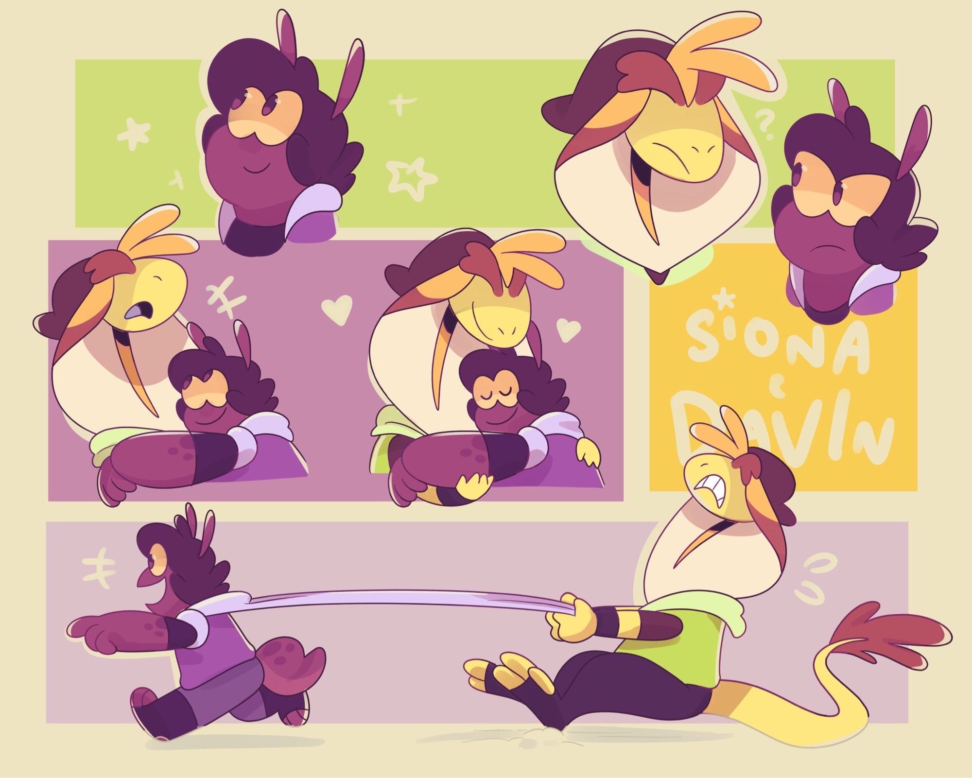 Various drawings of Davin and Siona in different colored squares.