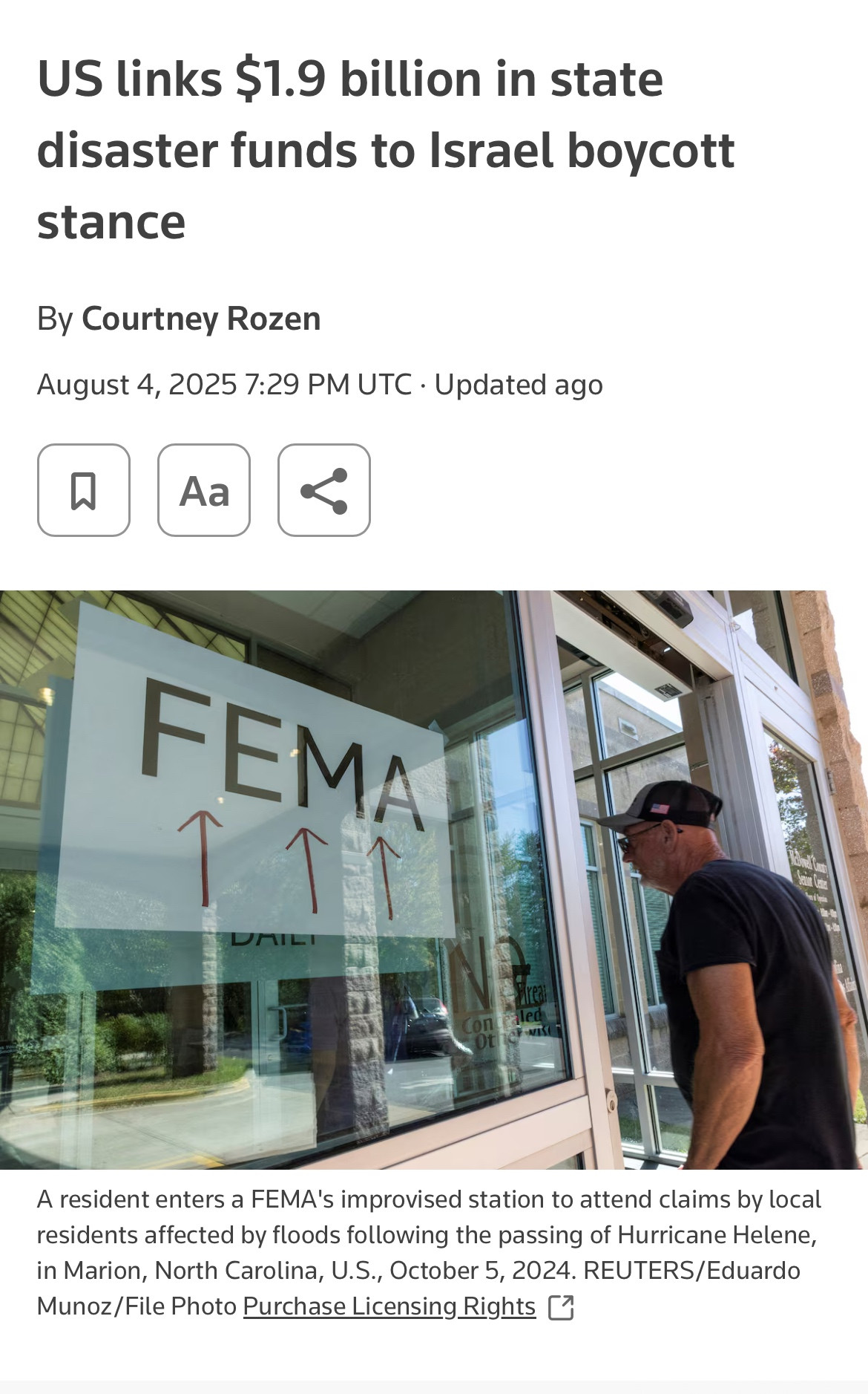 US links $1.9 billion in state disaster funds to Israel boycott stance
By Courtney Rozen