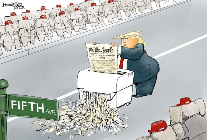 Trump shredding the constitution in the middle of fifth avenue, MAGA silently watches on the sidelines.