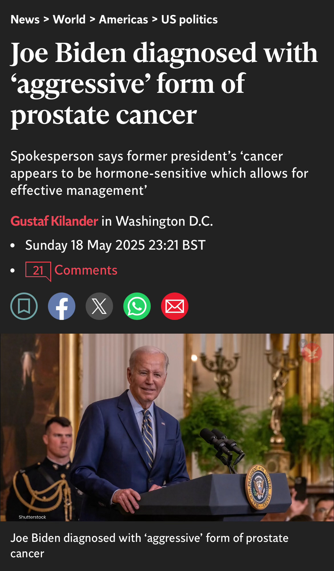 News > World > Americas > US politics
Joe Biden diagnosed with
'aggressive' form of prostate cancer
Spokesperson says former president's 'cancer appears to be hormone-sensitive which allows for effective management'
Gustaf Kilander in Washington D.C.
