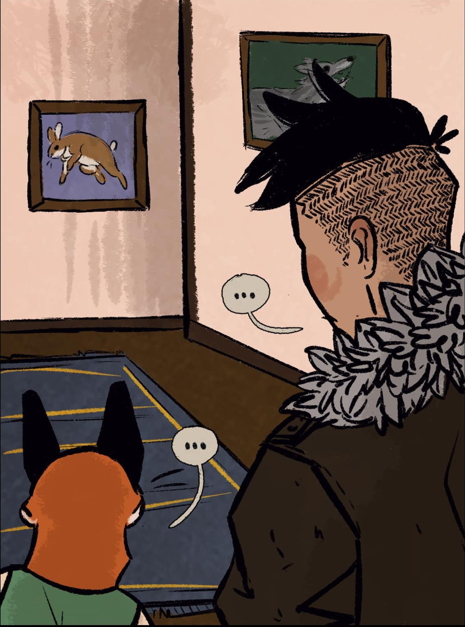 an out of context comic panel from Hans Vogel is Dead: Hans and Reineke from behind, looking at an empty hallway, considering their options.