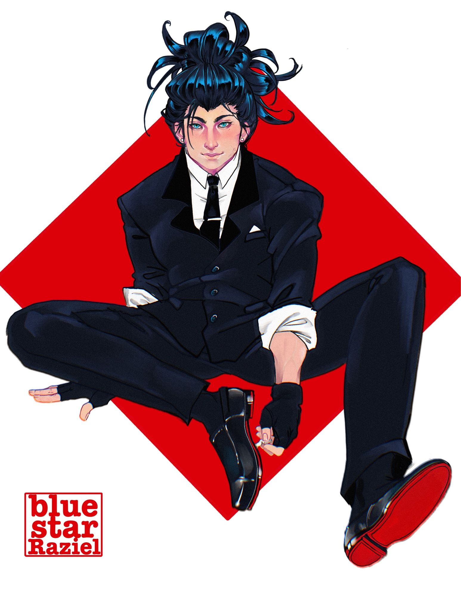 Zack Fair from Final Fantasy VII, dressed in a black suit and tie with his hair pulled into a messy bun, extinguishing a cigarette on the bottom of his red-soled dress shoe. He is in front of a red diamond-shaped background that is meant to resemble the ShinRa company logo.