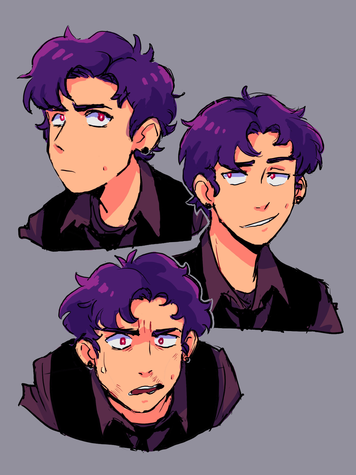 three bust drawings of my character Fletcher. He has messy purple hair and red eyes, and is wearing a purple shirt with a black vest and tie along with black stud earrings. The first bust looks confused, the second has a smug grin, and the third has him looking disheveled and panicky with bruises on his face. 