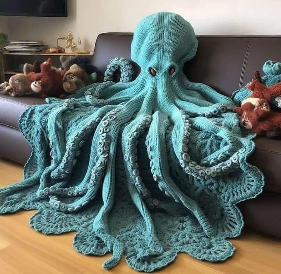 Generated Alttext: The image shows a large, knitted octopus blanket. The body of the octopus serves as the central piece that is draped over a brown couch, with the head and eyes prominently displayed. The octopus has large, white eyes with black pupils, creating a focal point. The tentacles of the octopus blanket are sprawled out in several directions, cascading onto the floor and featuring detailed knit patterns that mimic suckers along their lengths. There's varied textural detailing on each tentacle.

In the background, there is a shelf with various items including what appears to be small, stuffed animal toys, several of which resemble monkeys. The wall behind the couch is pale, and the room has a wooden floor. The overall color scheme of the room is composed of neutral tones, with the vibrant teal of the octopus blanket standing out as a striking centerpiece.