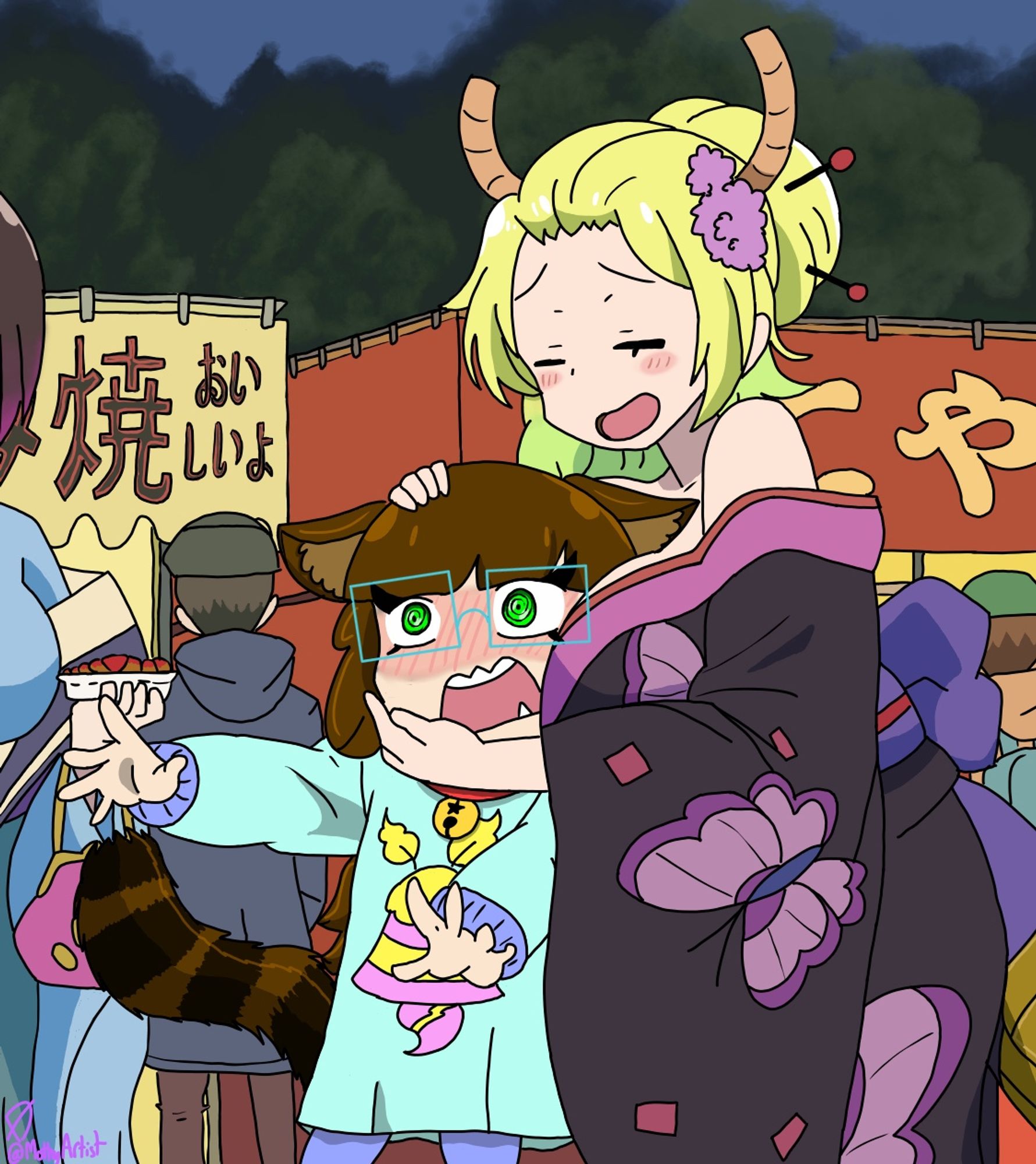 an anime screenshot redraw of Lucoa from Miss Kobayashi’s Dragon Maid still dressed in her black red and purple kimono that slumps off her shoulders. this time holding Dawn close to her chest while fawning over faer. Lucoa also looks to be a bit drunk as she fawns over Dawn. Dawn is flustered and blushy and looks as if fae wants to be free but at the same time fae doesnt want the attention to end.