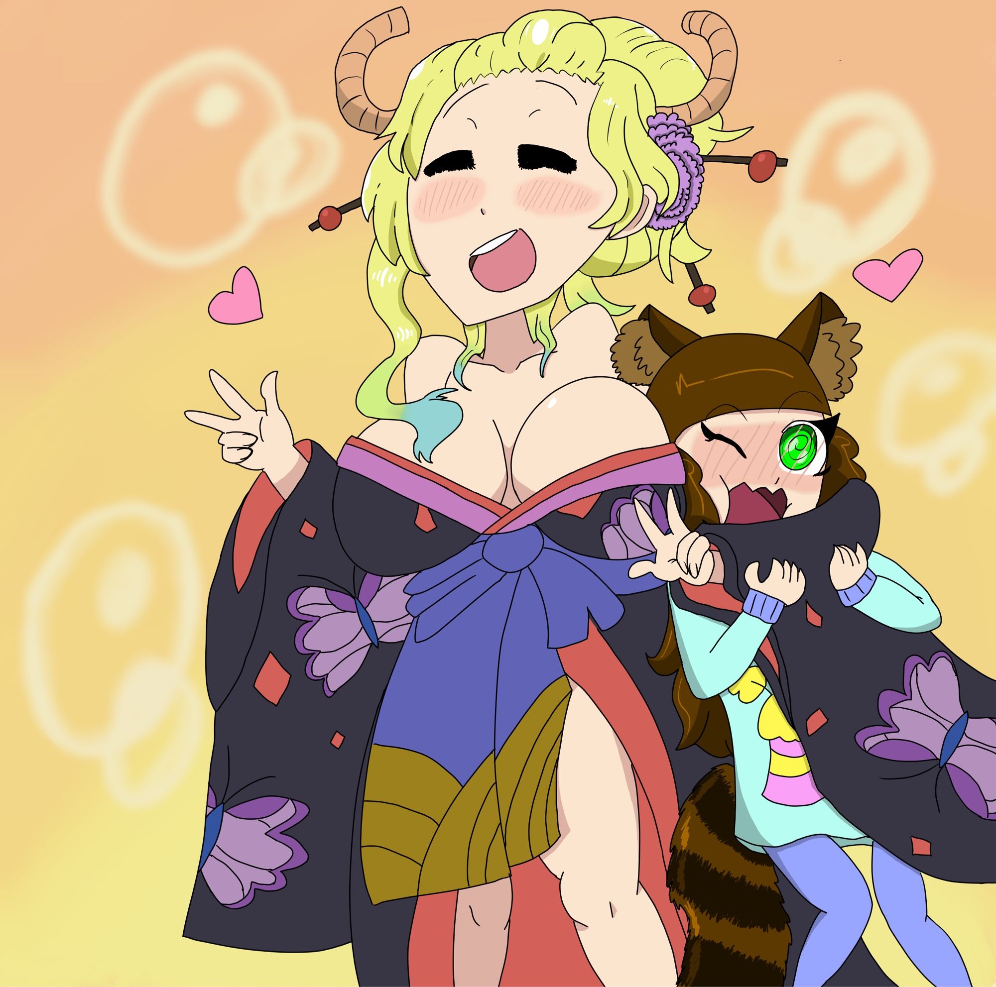 an anime screenshot redraw of Lucoa from Miss Kobayashi’s Dragon Maid wearing a black purple and red kimono, while holding cat girl Dawn against her, Dawn locked in Lucoa’s arm. Dawn’s face is super flustered and blushy. Lucoa’s face is happy and blissfully ignorant of Dawn’s fluster. (or perhaps loving how flustered fae is)