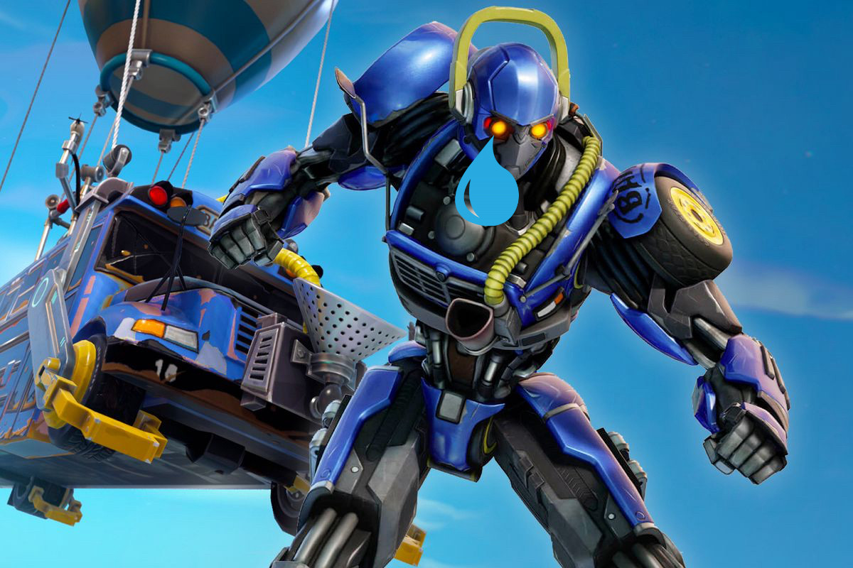 the fortnite battle bus as a transformers robot. he is shedding a single tear because buses aren’t allowed