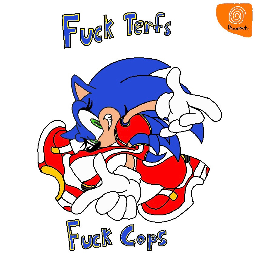 a trans feminine Sonic the hedgehog in the Sonic Adventure pose. text above and below says “Fuck Terfs, Fuck Cops” 
in the top right corner is a dreamcast logo