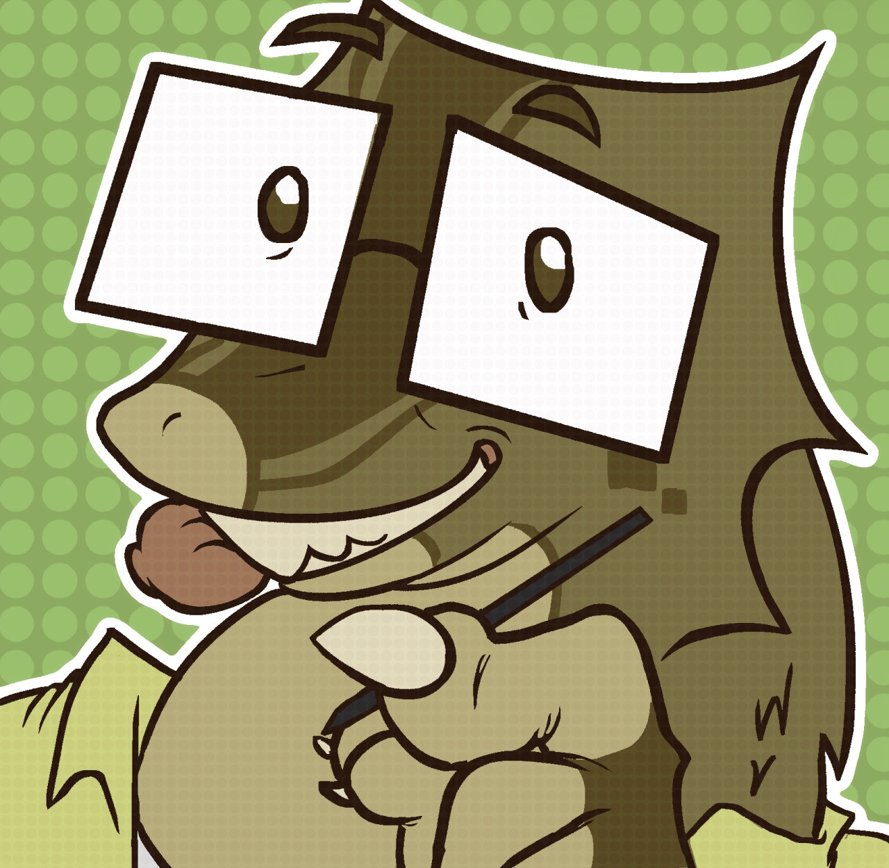 A bust of an anthropomorphic Pygmy Leaf Chameleon character with big, square, cartoony glasses and a desaturated yellow shirt. He’s grinning and sticking out his tongue. He holds a black pen in his left hand. 