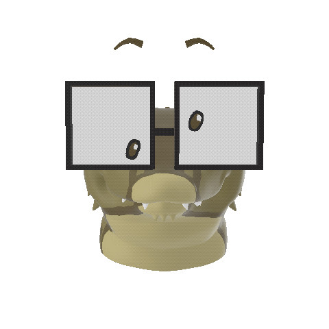 A spinning 3d model of the head of an anthropomorphic pygmy leaf chameleon character. He has big, square cartoony glasses on. He is a washed brown color with a green tint, patterned with darker and lighter brown stripes and squares. He’s smiling and his eyes are looking in different directions like, well, a chameleon.