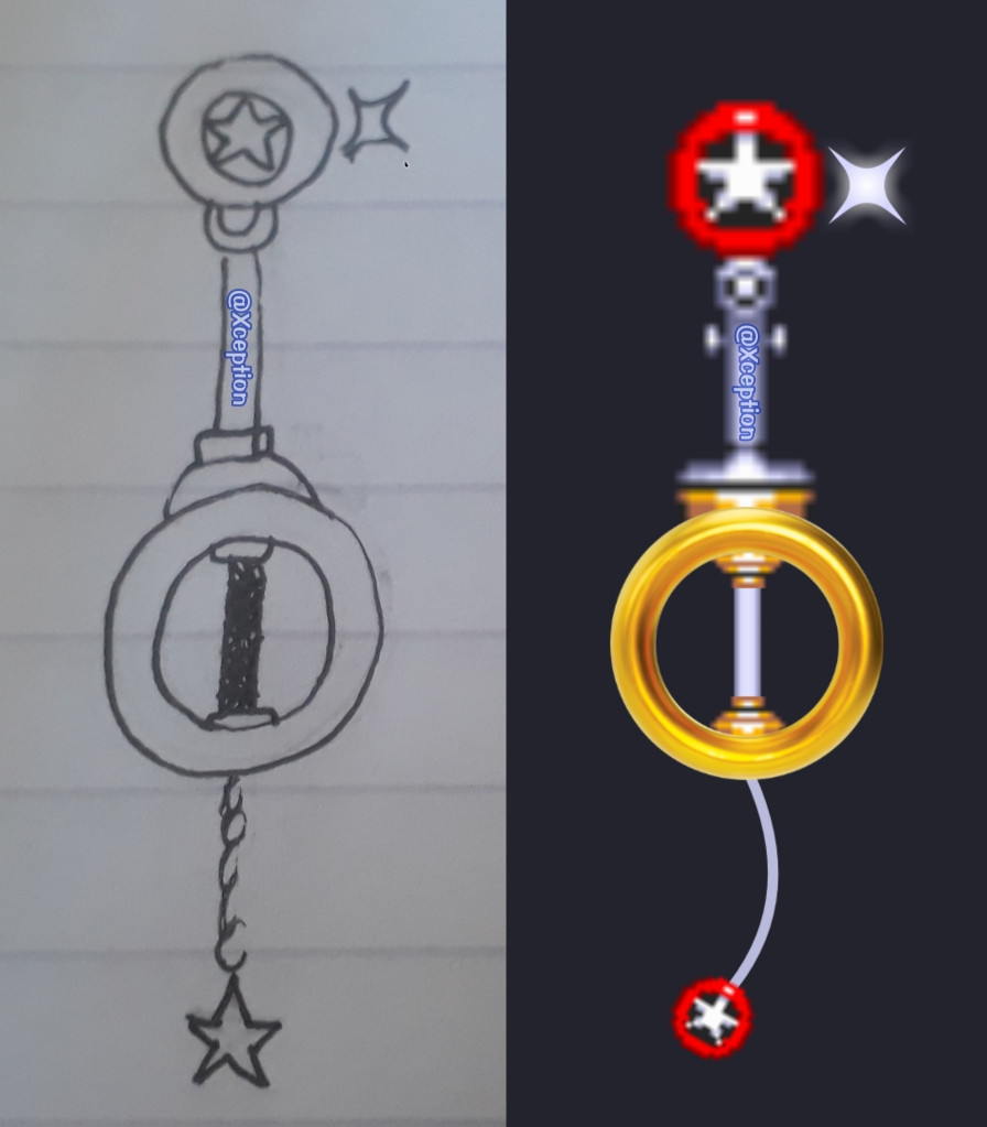 The part of Keyblade that you whack the heartless with is made of the top part of the checkpoint with the metal pole part and at the tip is the ball with the star on it, and for the teeth I have the sparkles that warp you to the bonus games (I intend to make it a gif with all 3 parkle colors, maybe even have it leave a trail if possible). The pole is reused as the grip, with a ring as the hand guard, and the ball with the star is also reused as the keychain